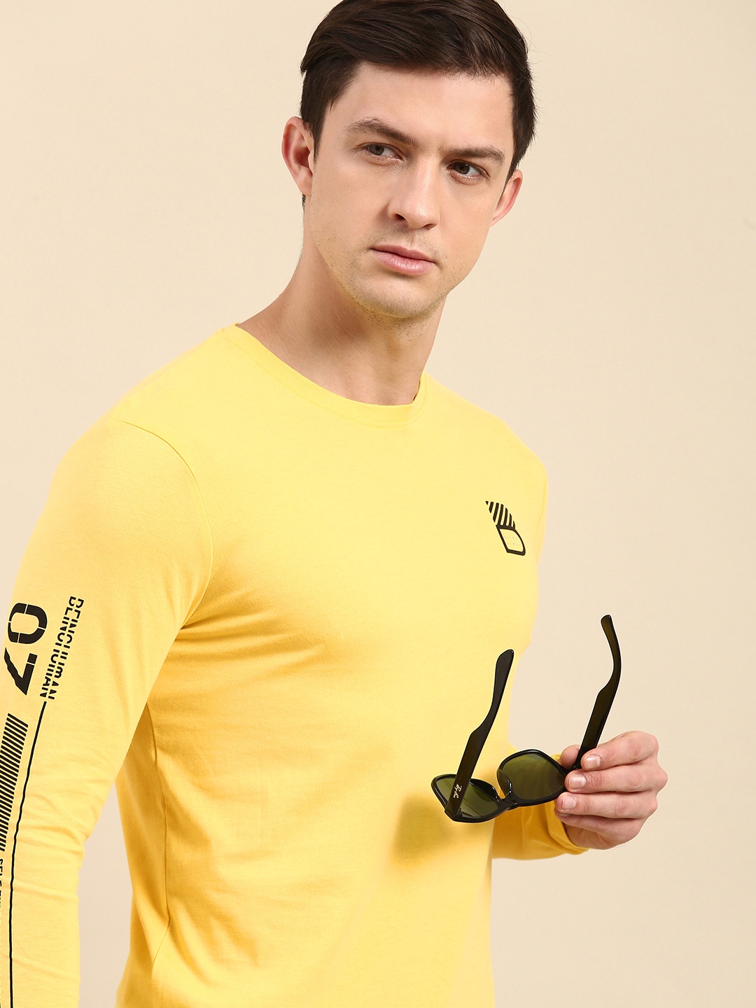 

Being Human Clothing Men Yellow Solid Round Neck Pure Cotton T-shirt