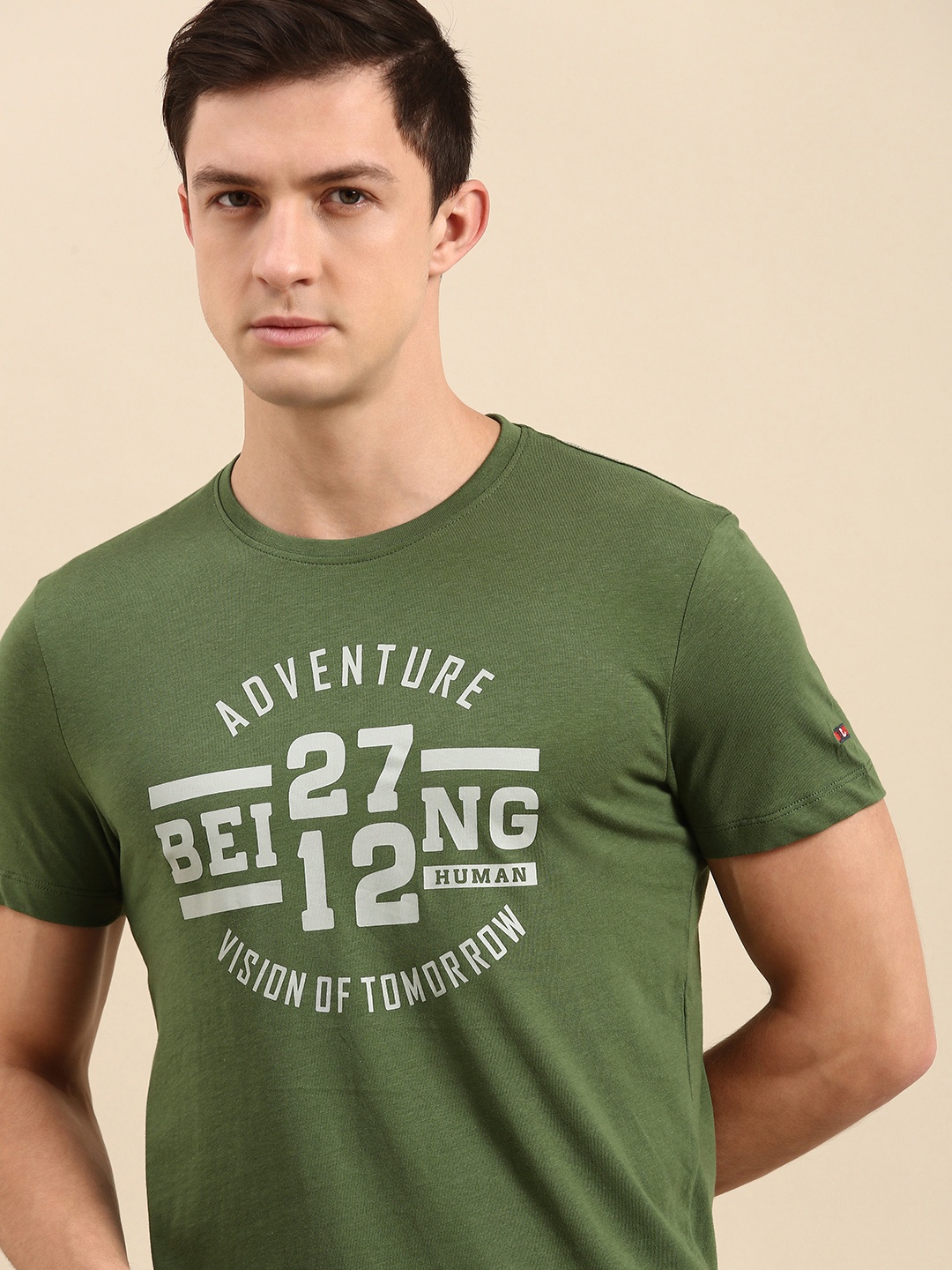 

Being Human Men Olive Green Typography Printed Pure Cotton T-shirt