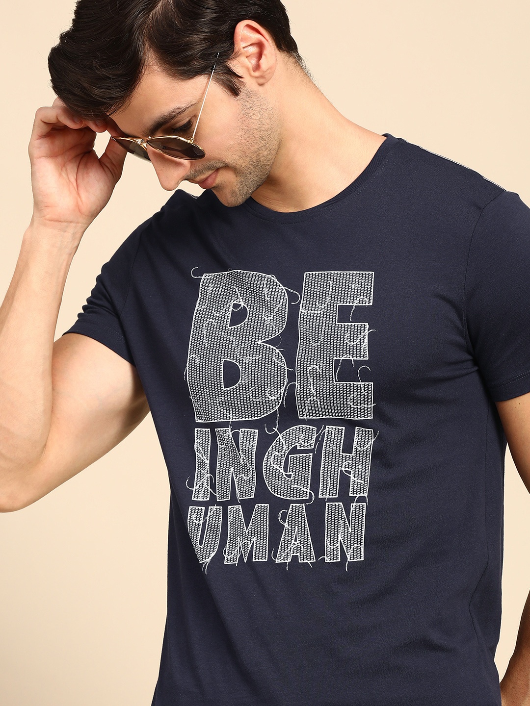 

Being Human Men Navy Blue & White Typography Printed T-shirt
