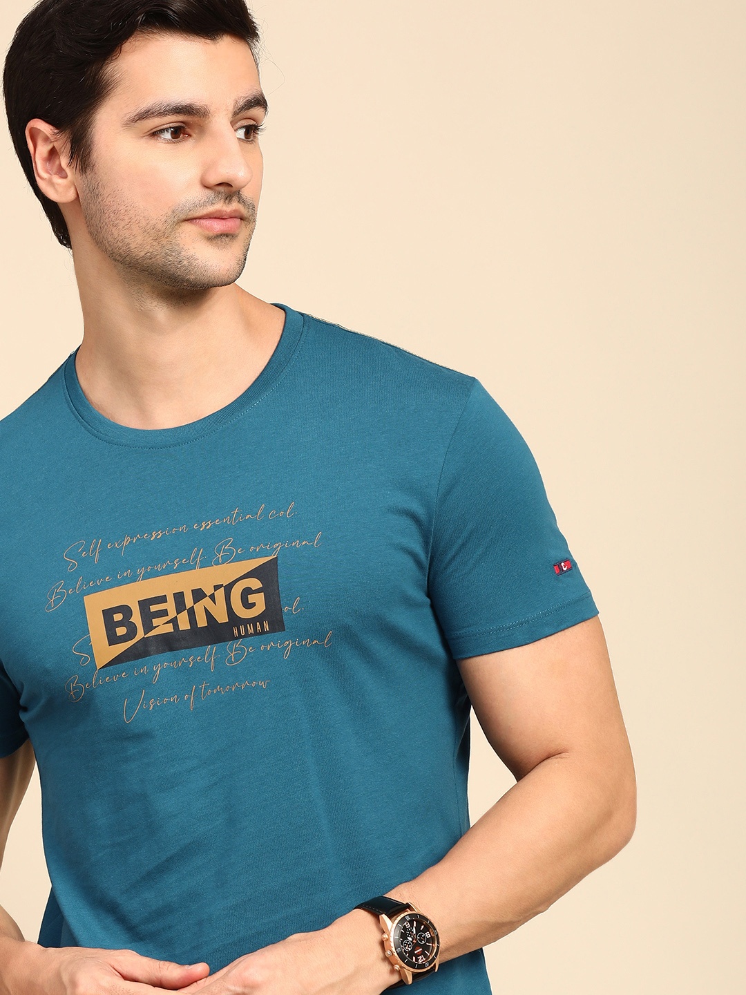 

Being Human Clothing Men Teal Blue Brand Logo Printed Pure Cotton T-shirt