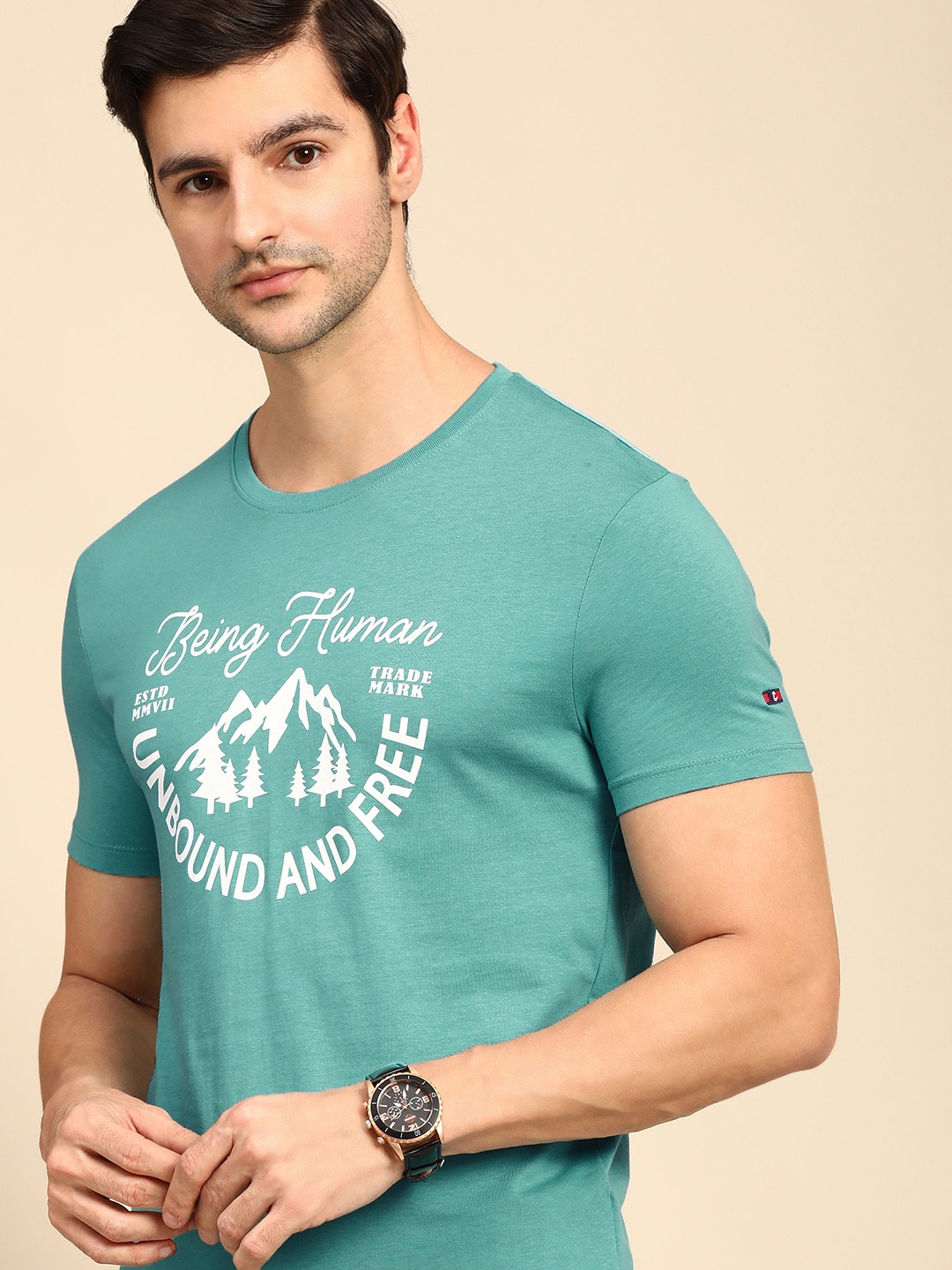 

Being Human Men Blue & White Typography Printed Pure Cotton T-shirt