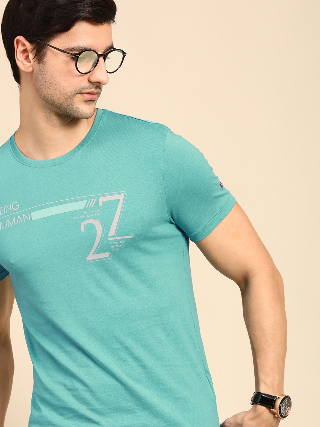 

Being Human Clothing Men Turquoise Blue Brand Logo Printed Pure Cotton T-shirt