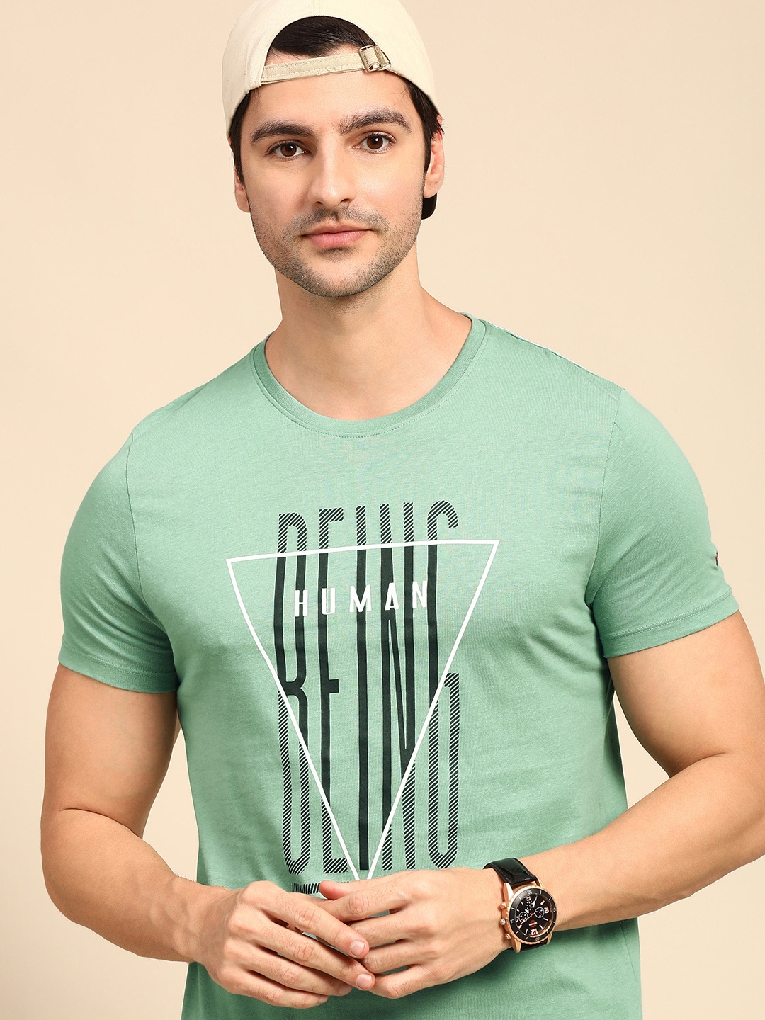 

Being Human Clothing Men Turquoise Blue Brand Logo Printed Pure Cotton T-shirt