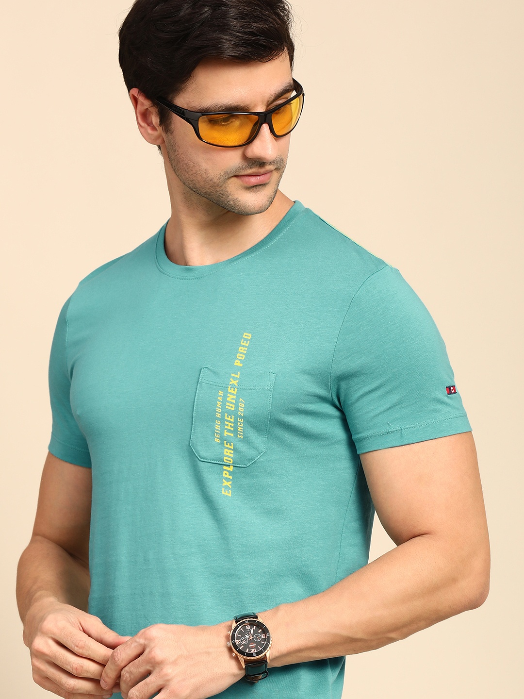 

Being Human Men Blue Typography Printed Pure Cotton Pocket T-shirt