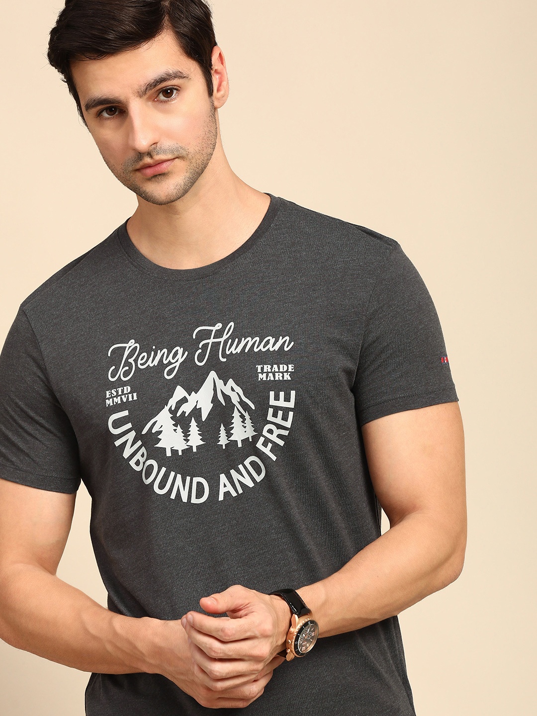 

Being Human Men Charcoal Grey & White Typography Printed T-shirt