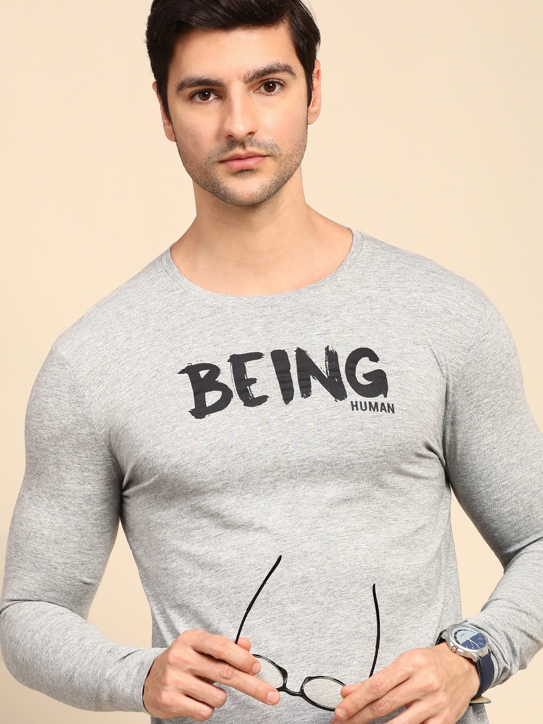 

Being Human Men Grey Melange Typography Printed Casual T-shirt