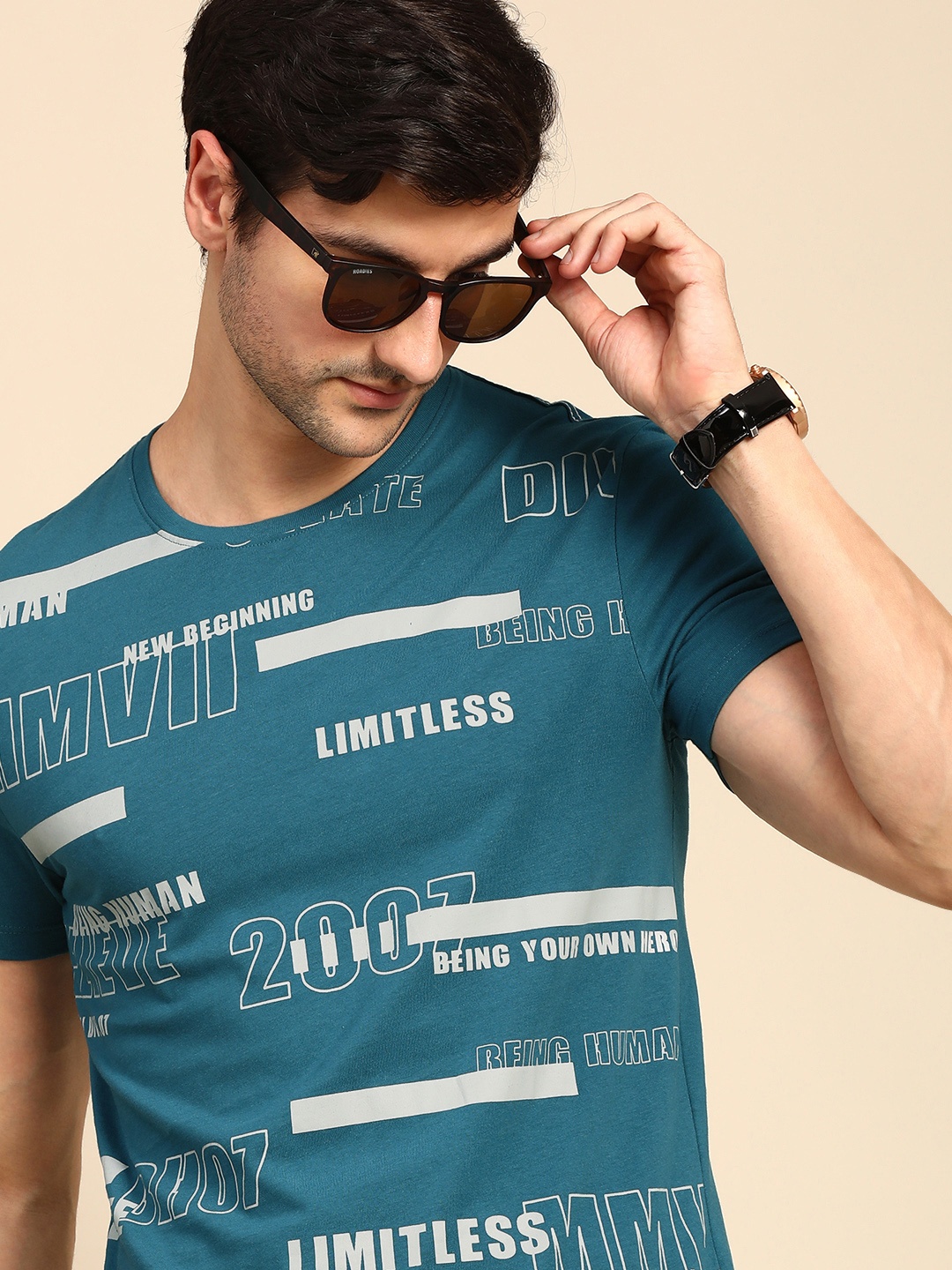 

Being Human Men Teal Green & White Typography Printed Pure Cotton T-shirt