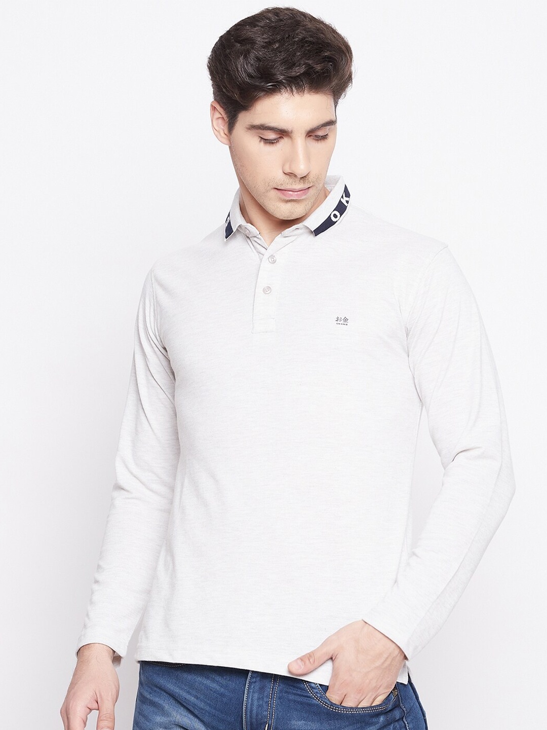 

Okane Men White Polo Collar T-shirt