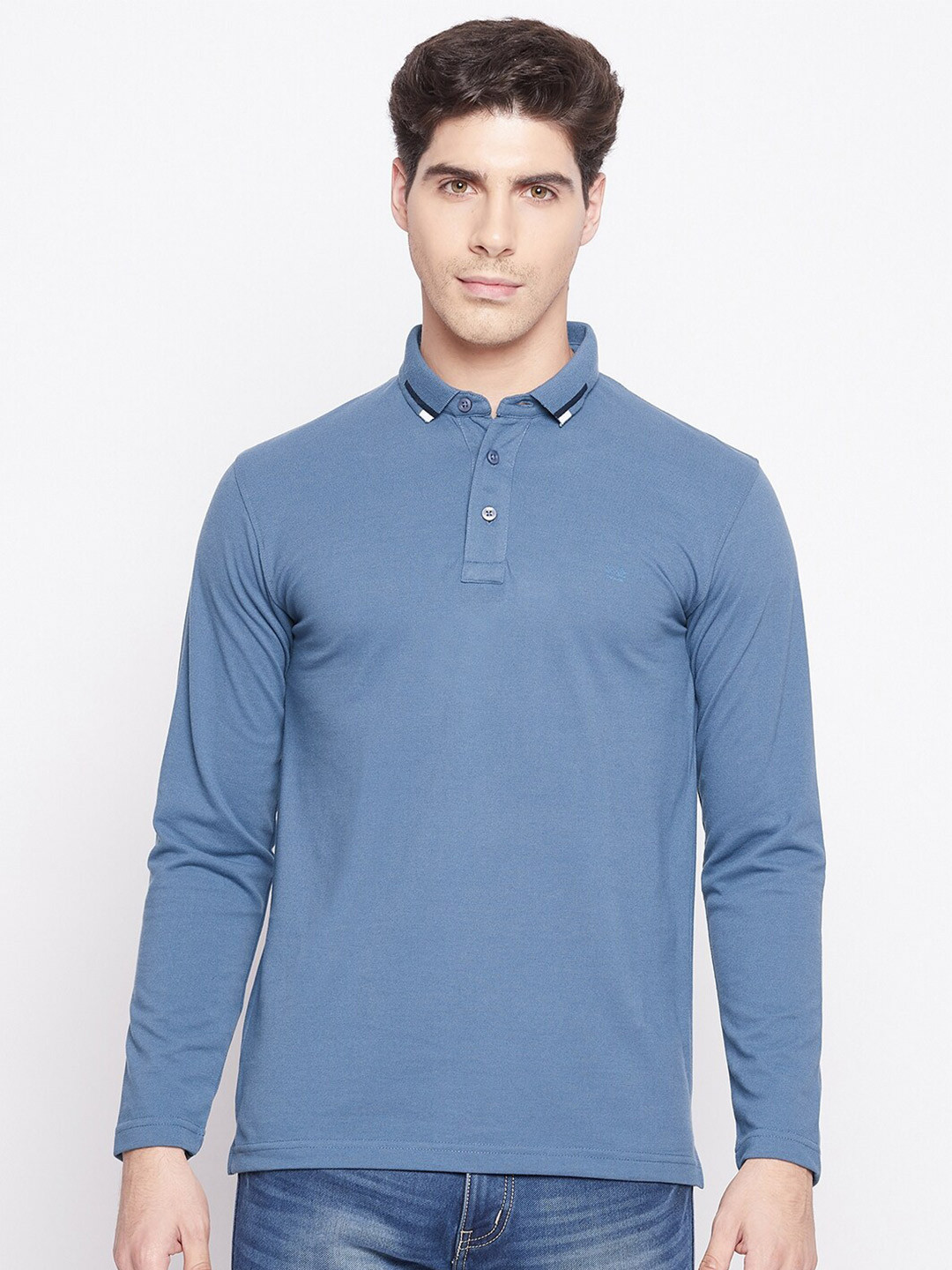 

Okane Men Blue Polo Collar Applique T-shirt