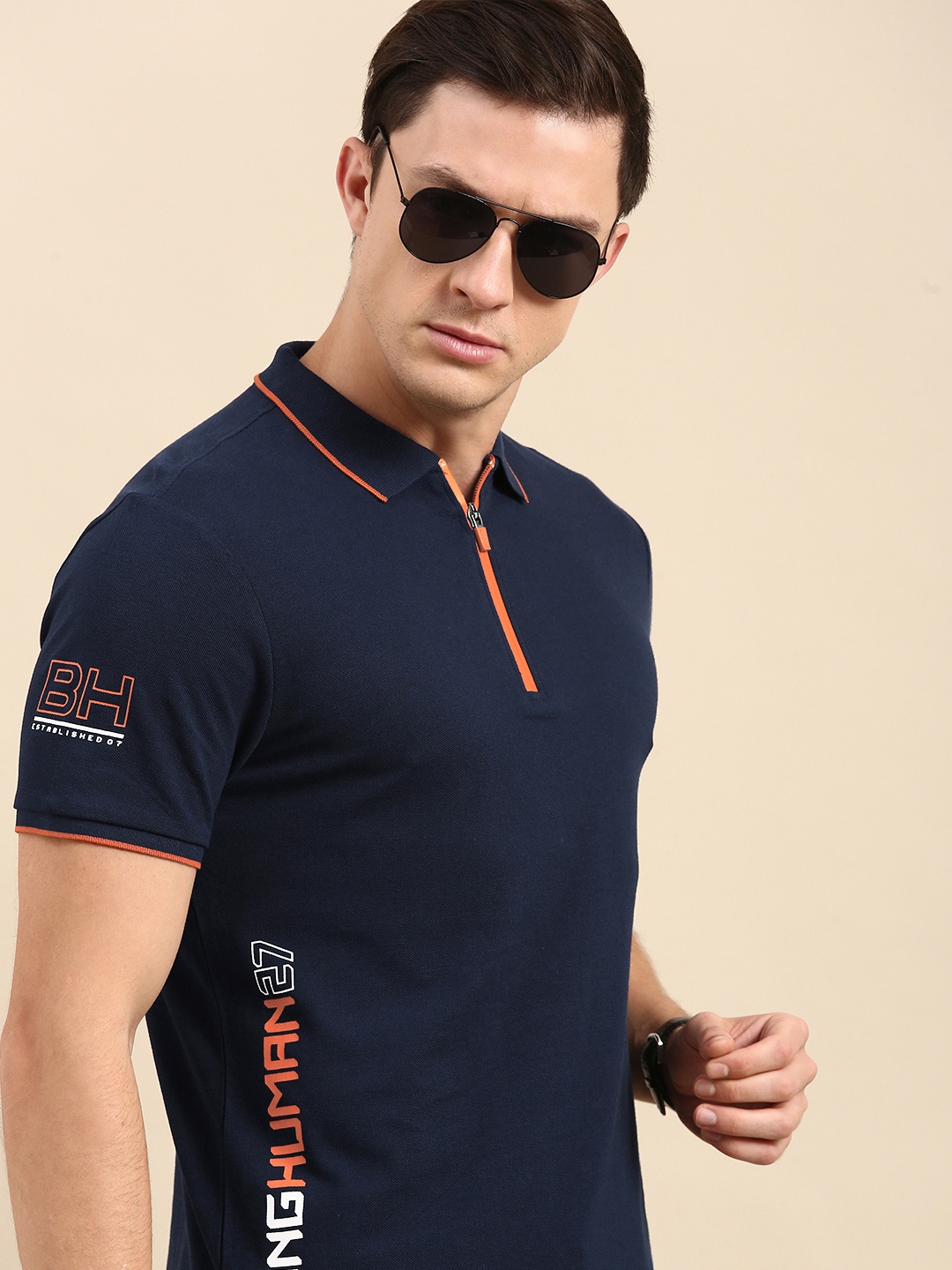 

Being Human Men Navy Blue Typography Printed Polo Collar Pure Cotton T-shirt