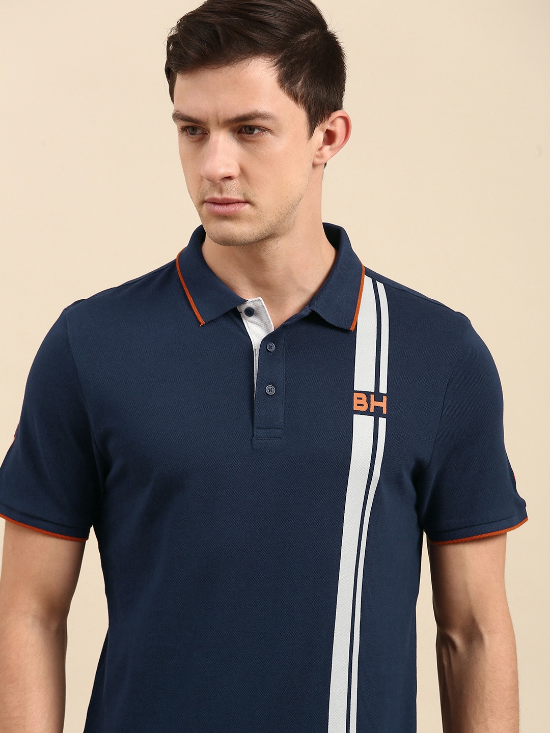

Being Human Men Navy Blue Striped Polo Collar T-shirt