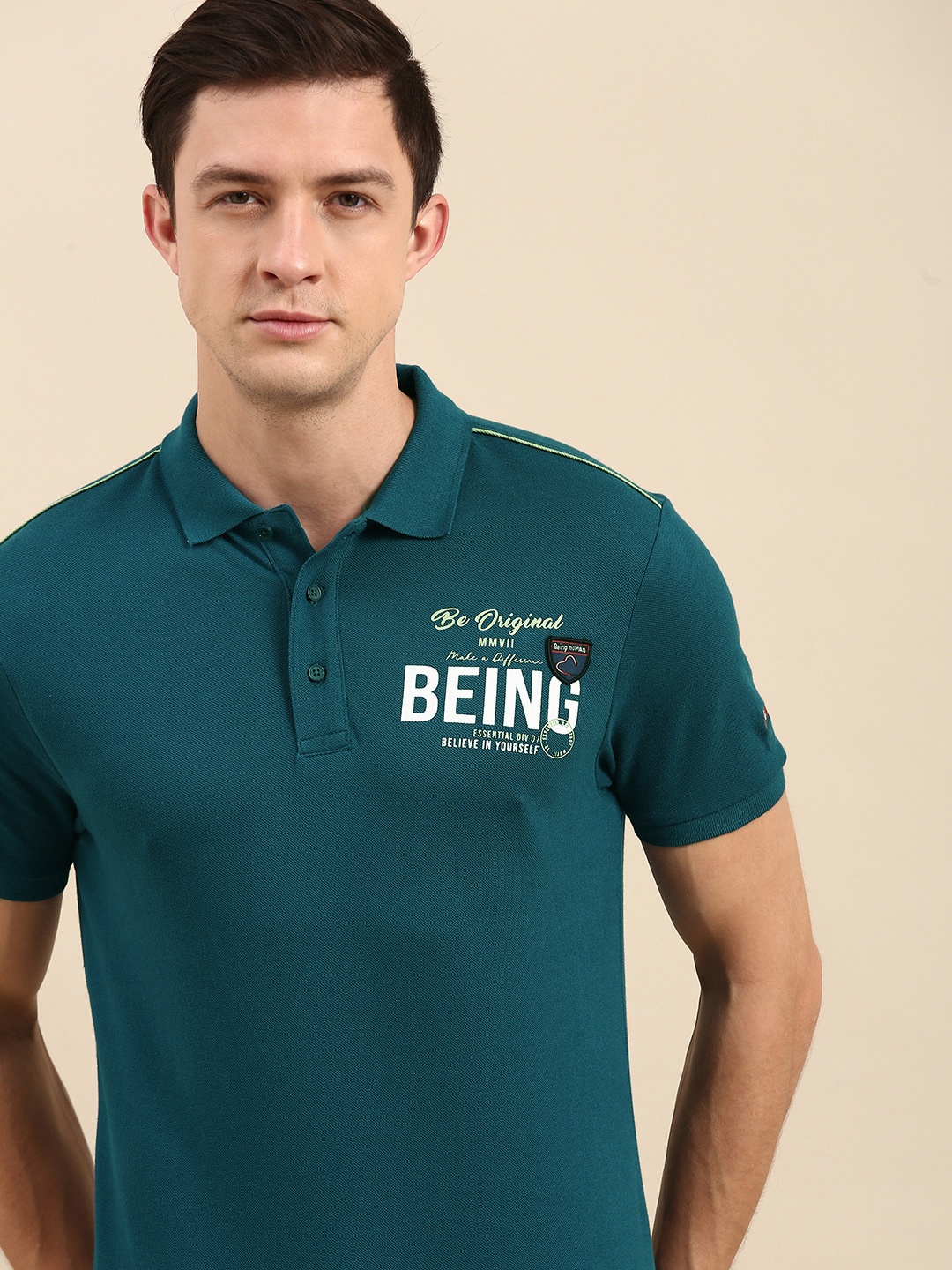 

Being Human Men Teal Typography Printed Polo Collar Pure Cotton T-shirt