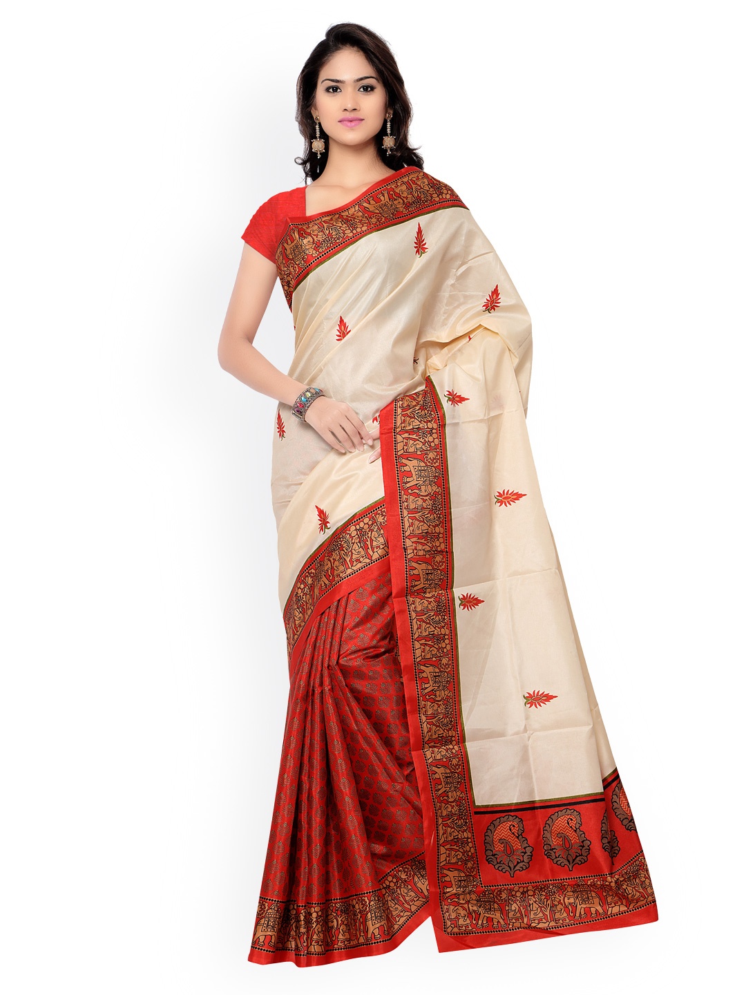 

Silk Bazar Beige & Red Bhagalpuri Art Silk Printed Saree