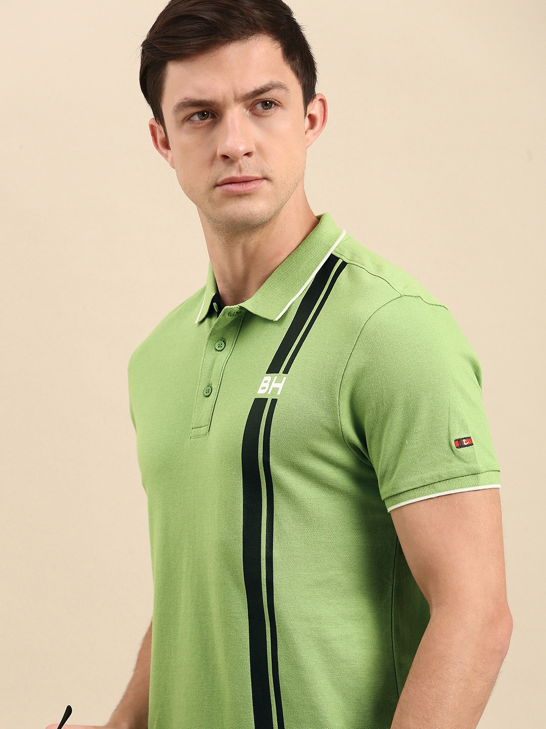 

Being Human Men Green Striped Polo Collar T-shirt