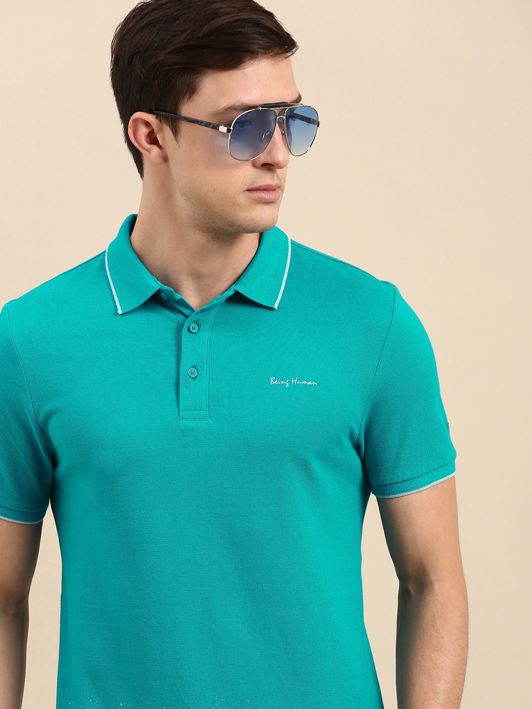 

Being Human Men Turquoise Blue Polo Collar T-shirt