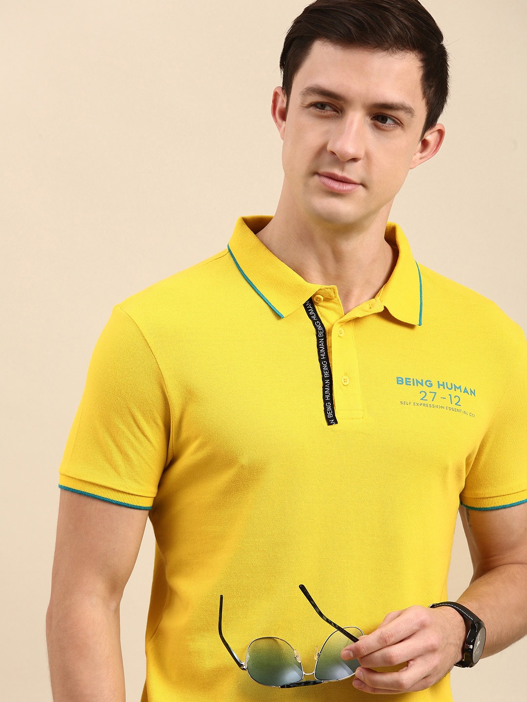 

Being Human Men Yellow Typography Printed Polo Collar T-shirt