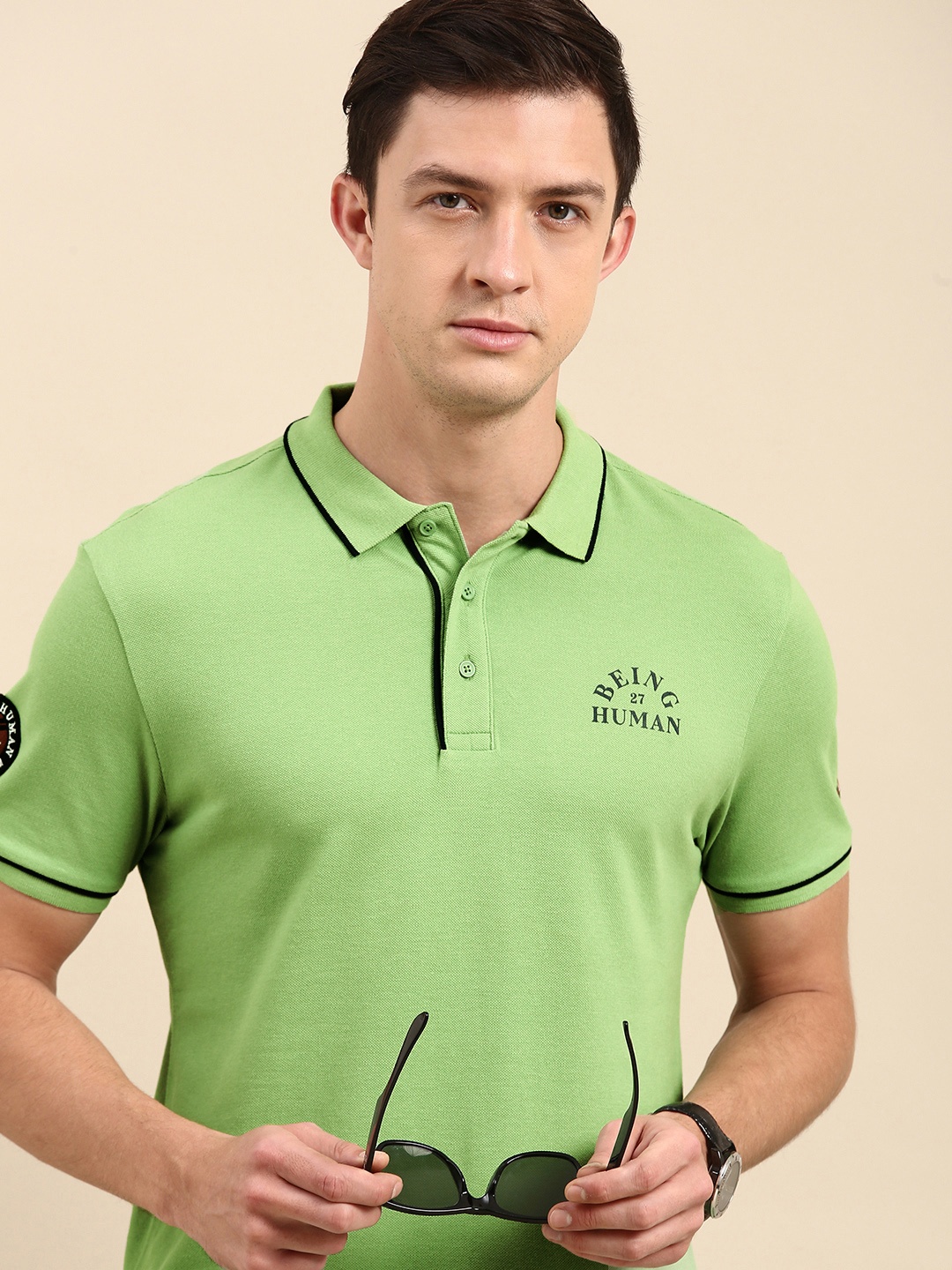 

Being Human Men Green Brand Logo Printed Polo Collar Pure Cotton T-shirt