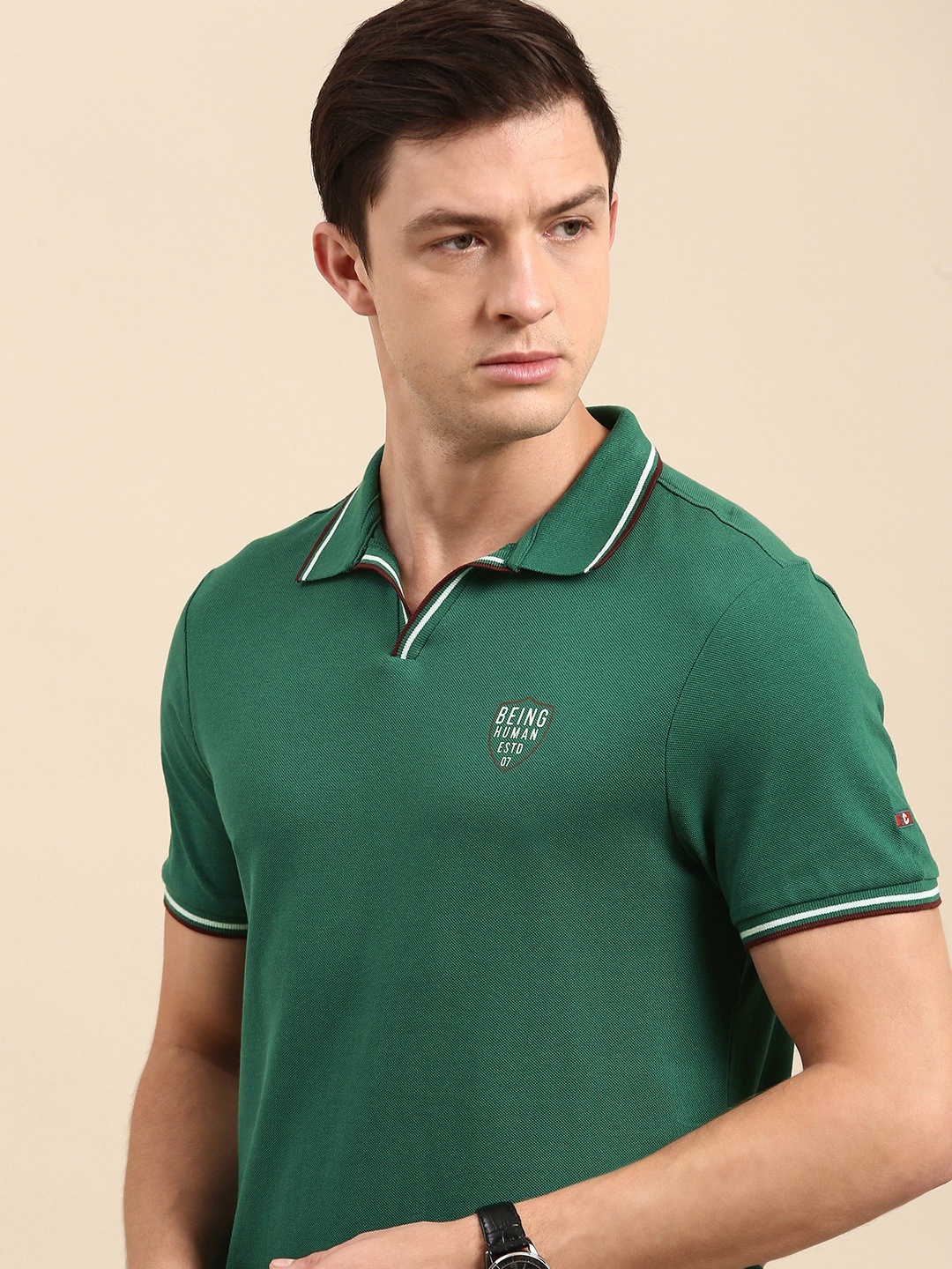 

Being Human Men Green & White Printed Polo Collar T-shirt