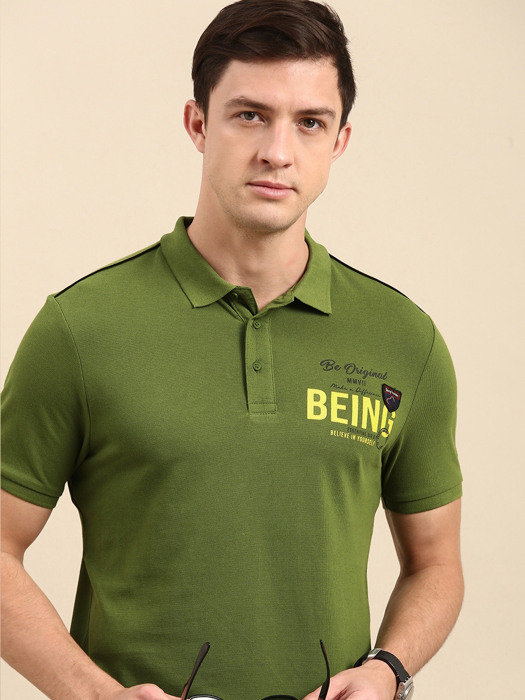 

Being Human Men Olive Green Printed Polo Collar T-shirt