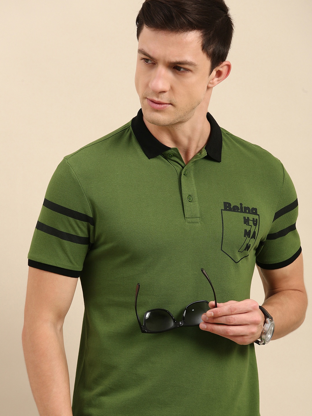 

Being Human Men Olive Green & Black Printed Polo Collar T-shirt