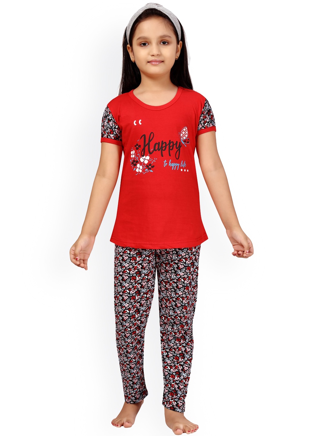 

Aarika Girls Red & Black Printed Night suit