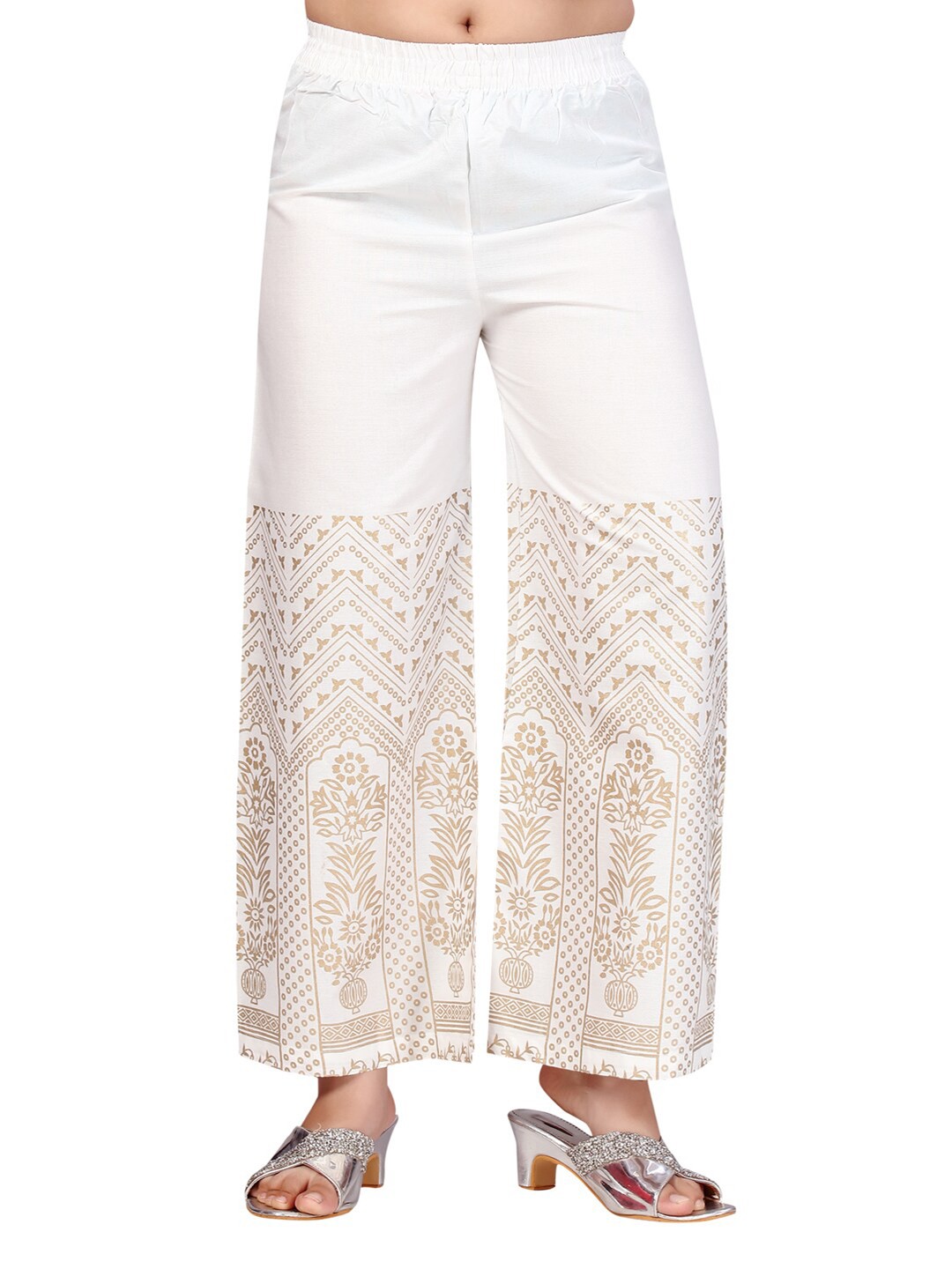 

Aarika Girls White & Gold-Toned Ethnic Motifs Printed Wide Leg Palazzos