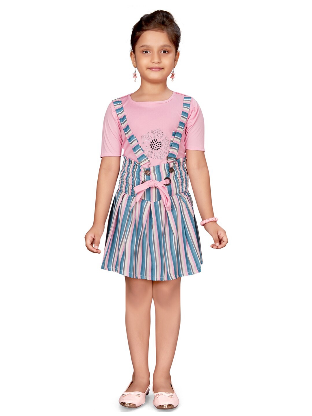 

Aarika Girls Pink & Blue Printed Top with Skirt With Suspenders