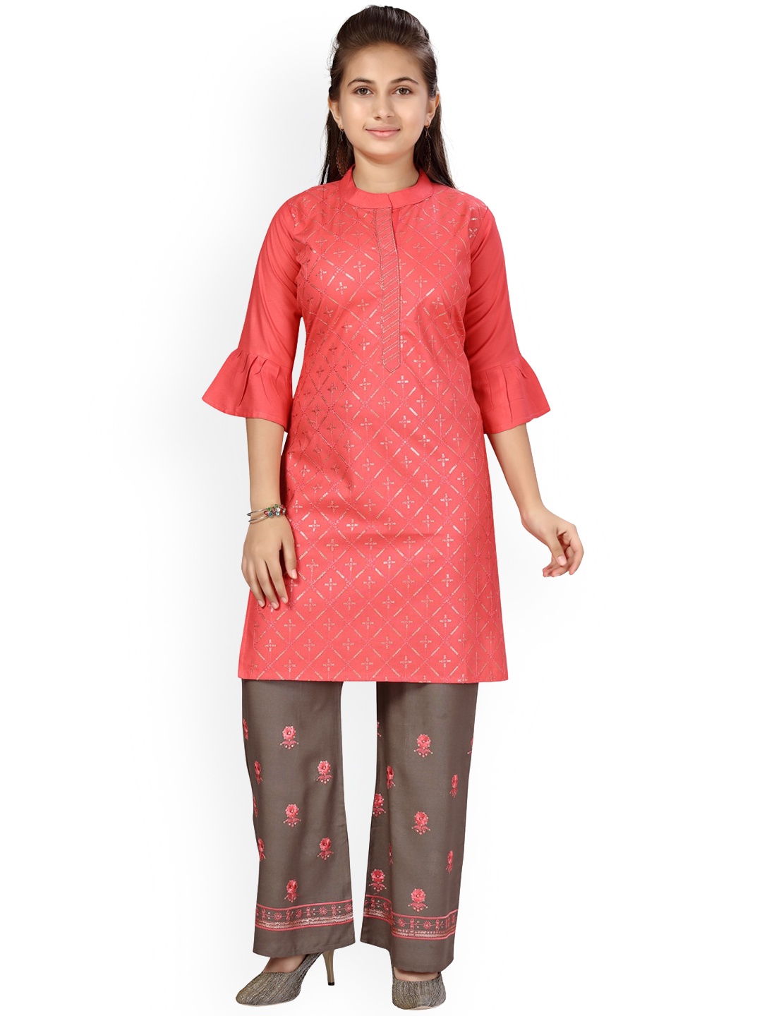 

Aarika Girls Red & Brown Printed Regular Pure Cotton Kurta With Trousers