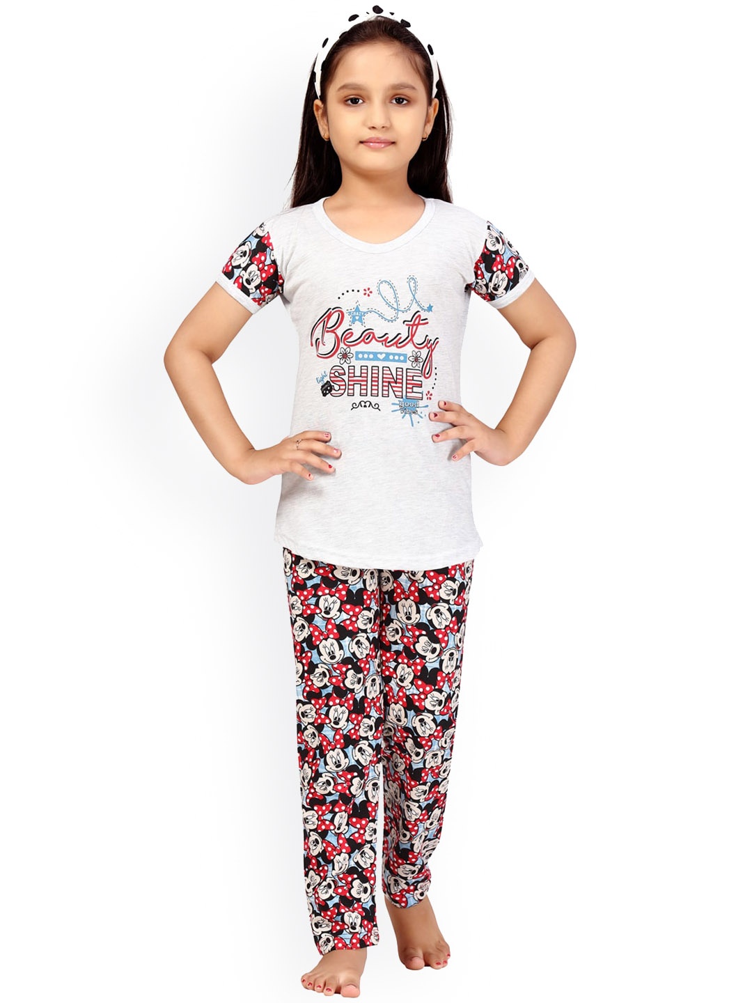 

Aarika Girls White & Black Mickey Mouse Printed Night suit