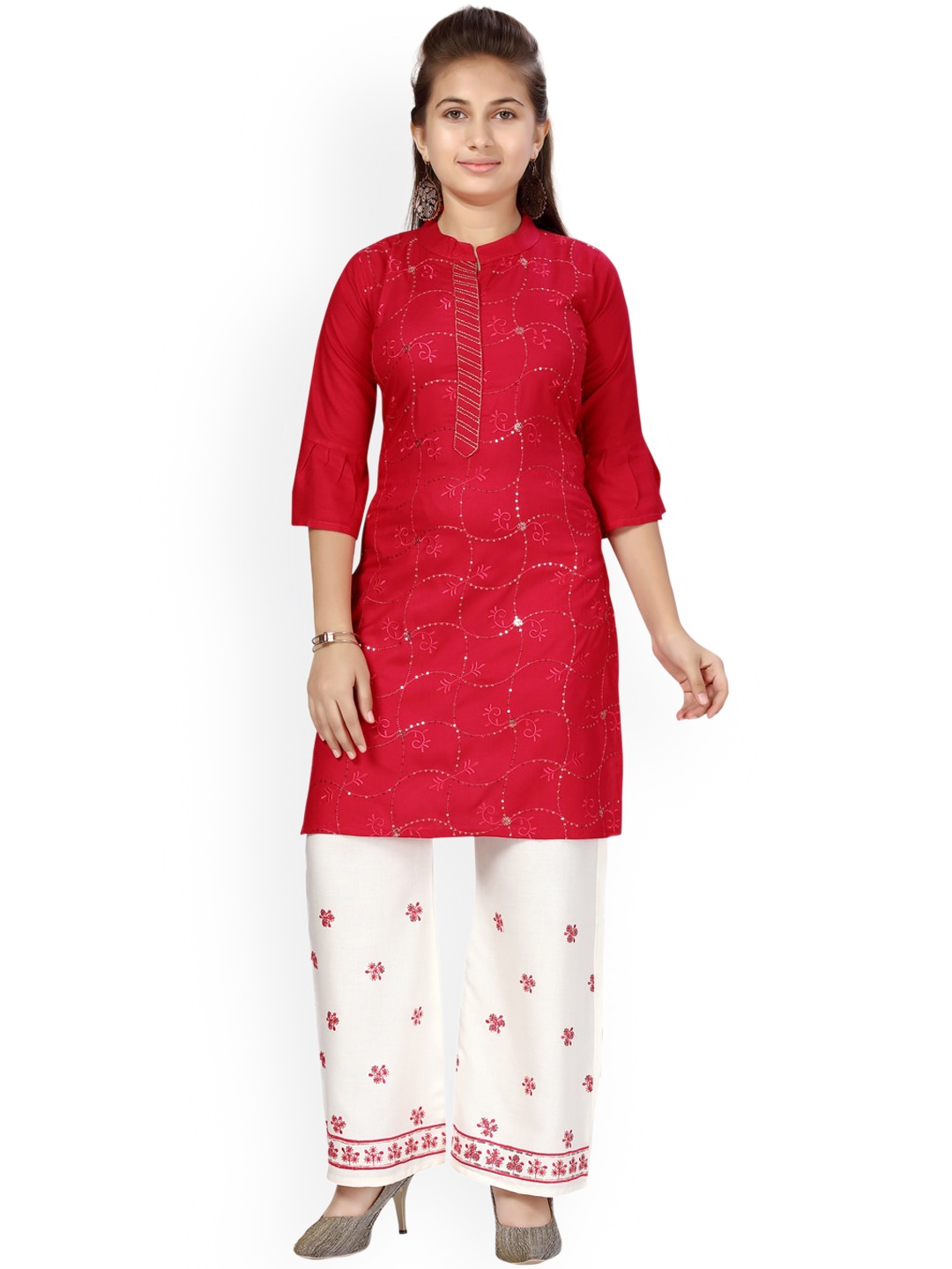 

Aarika Girls Red Floral Embroidered Regular Pure Cotton Kurta with Trousers