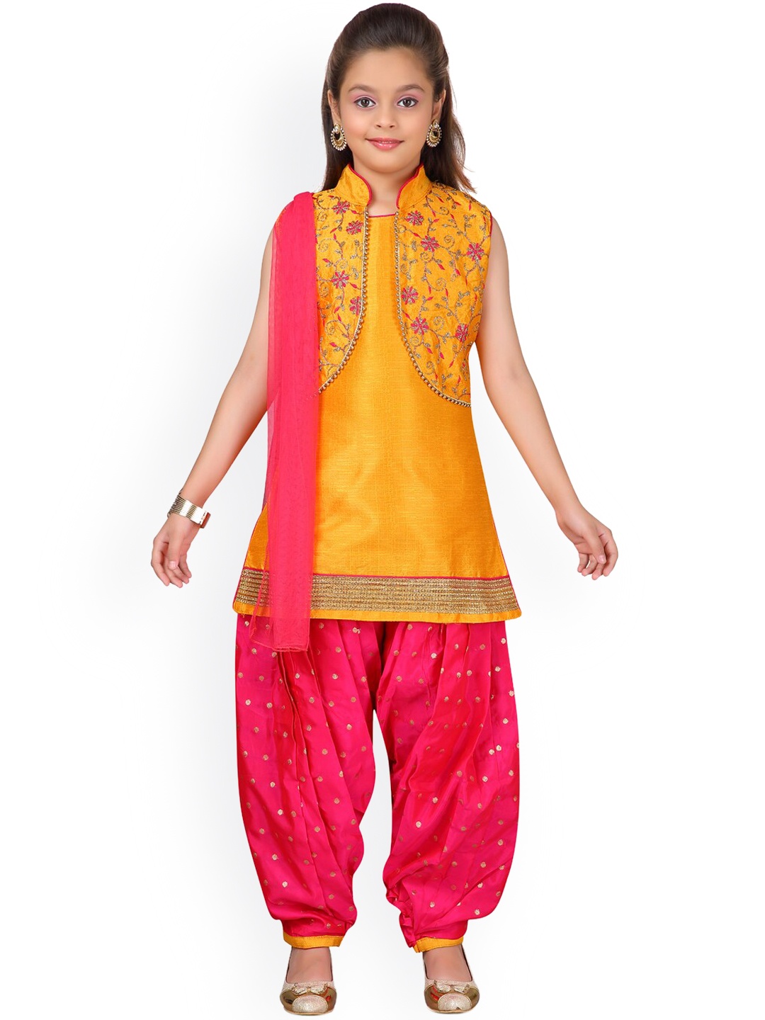 

Aarika Girls Yellow Ethnic Motifs Embroidered Regular Pure Silk Kurti with Patiala & With Dupatta