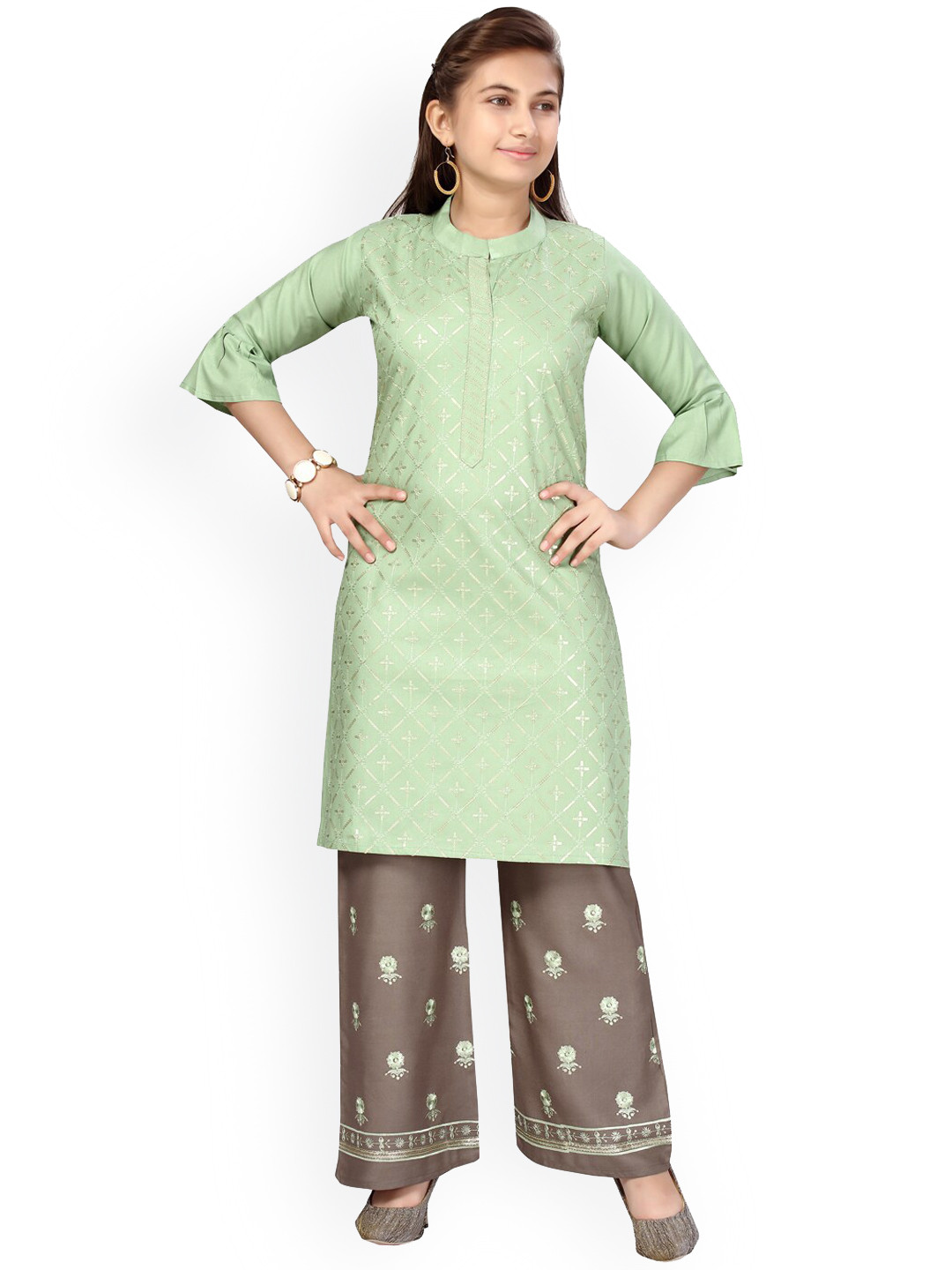 

Aarika Girls Green Regular Pure Cotton Kurti with Palazzos