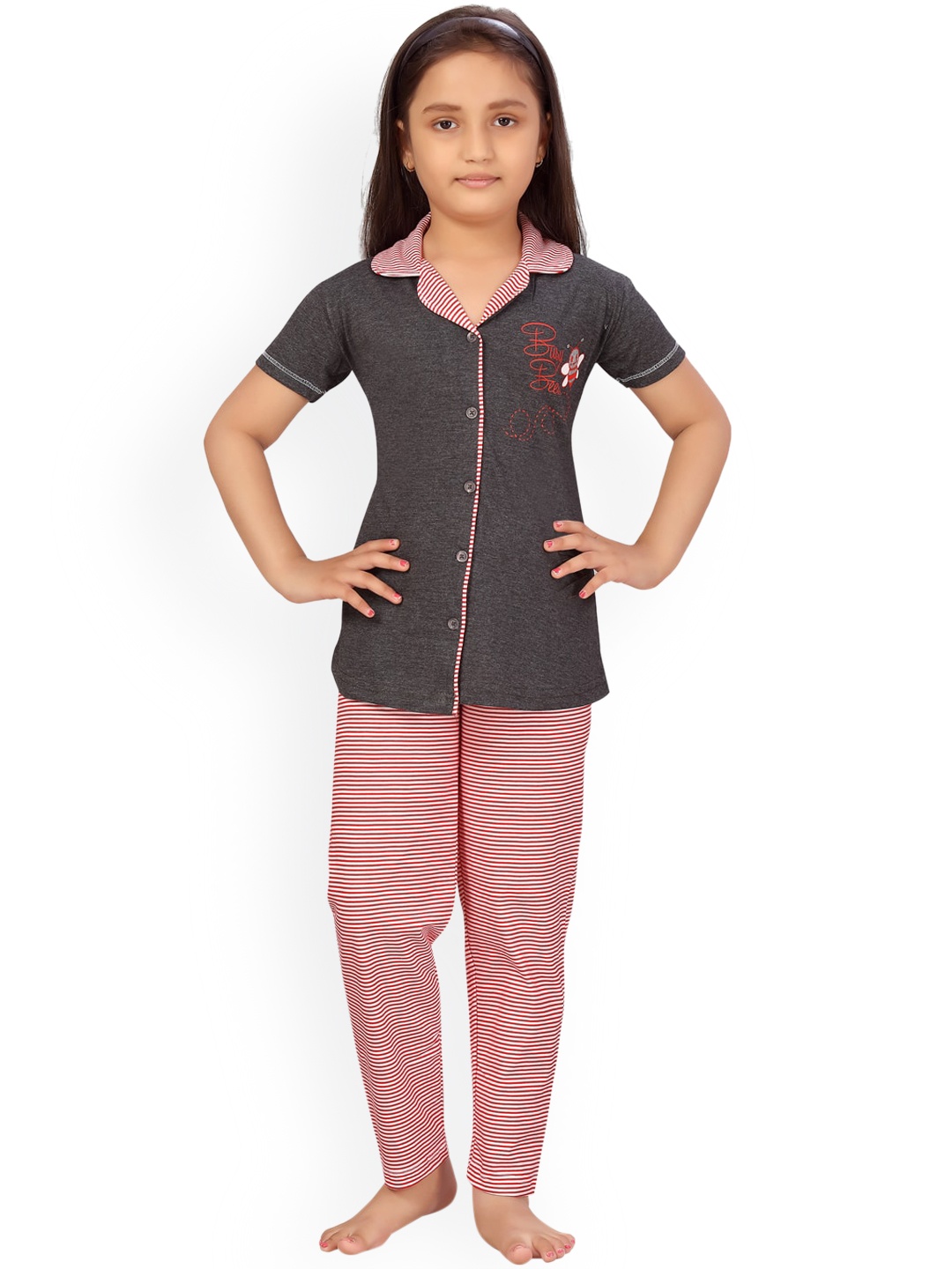 

Aarika Girls Grey & Pink Printed Pure Cotton Night suit
