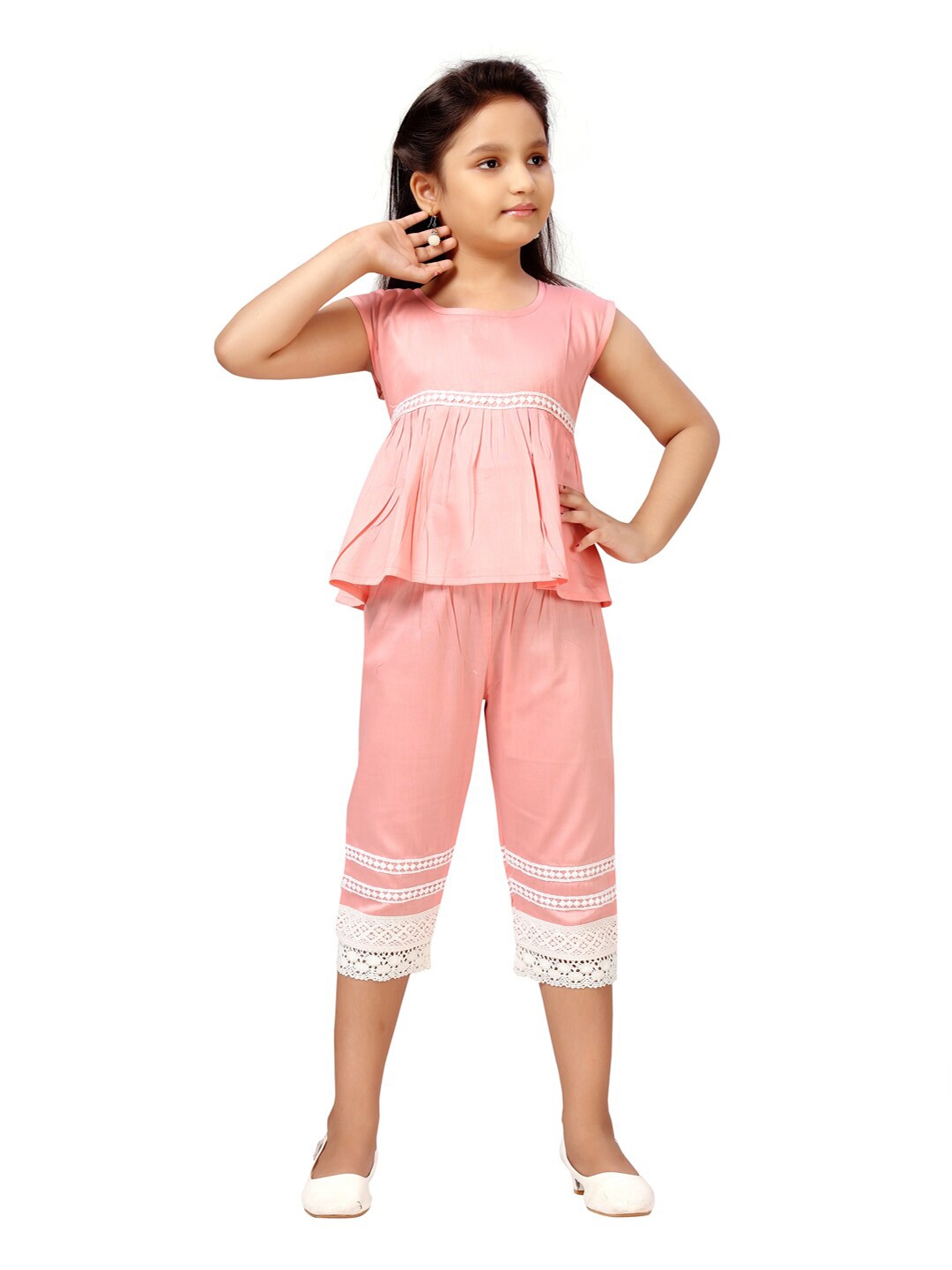 

Aarika Girls Peach-Coloured & White Pure Cotton Top With Capris