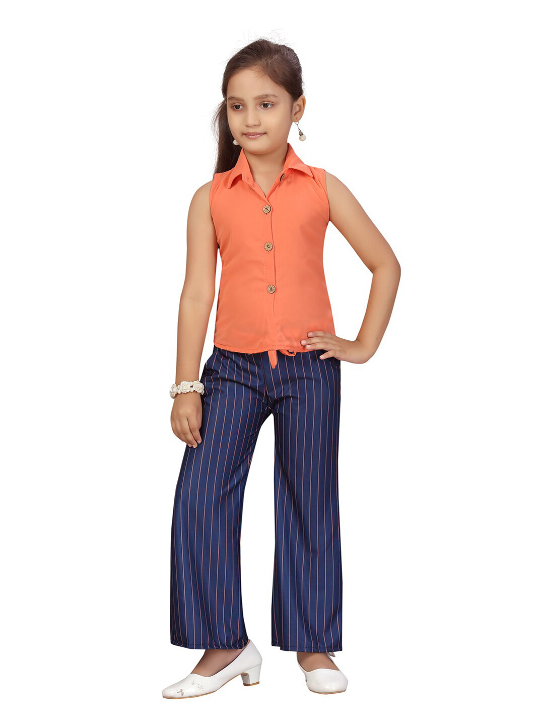 

Aarika Girls Peach-Coloured & Navy Blue Shirt with Trousers