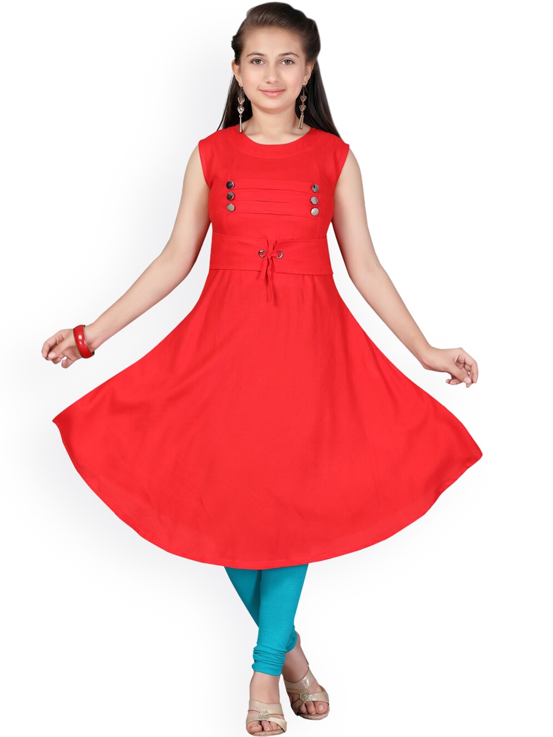 

Aarika Girls Red Yoke Design Pure Cotton A-lineKurti with Churidar