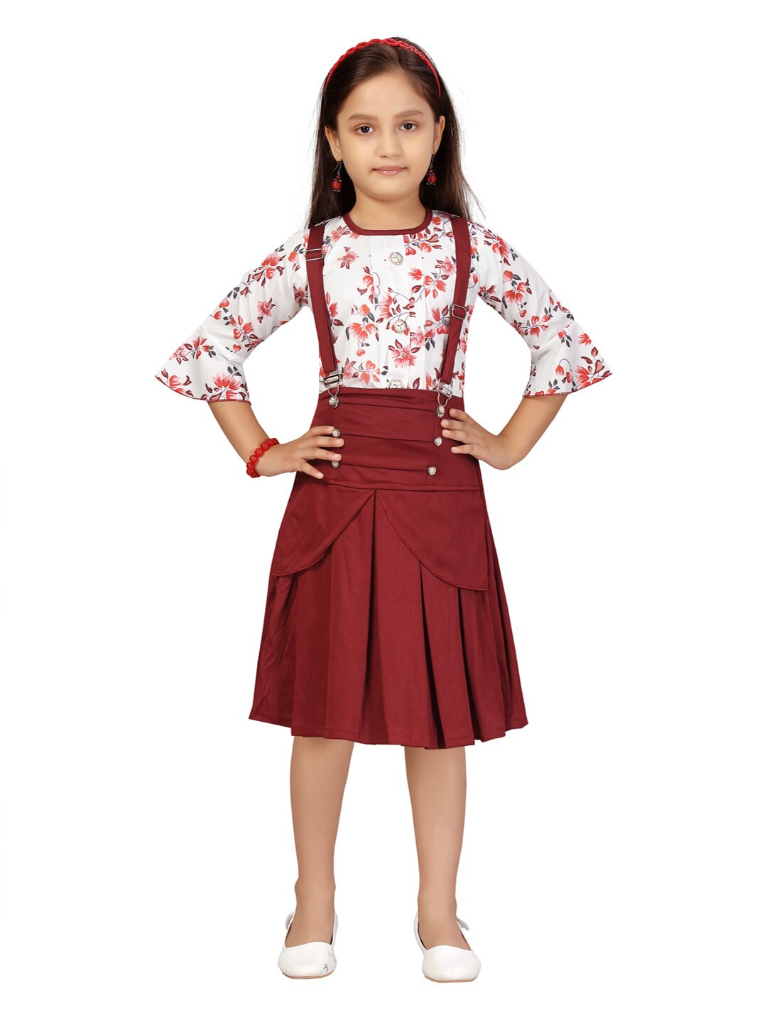 

Aarika Girls White & Maroon Printed Top with Skirt