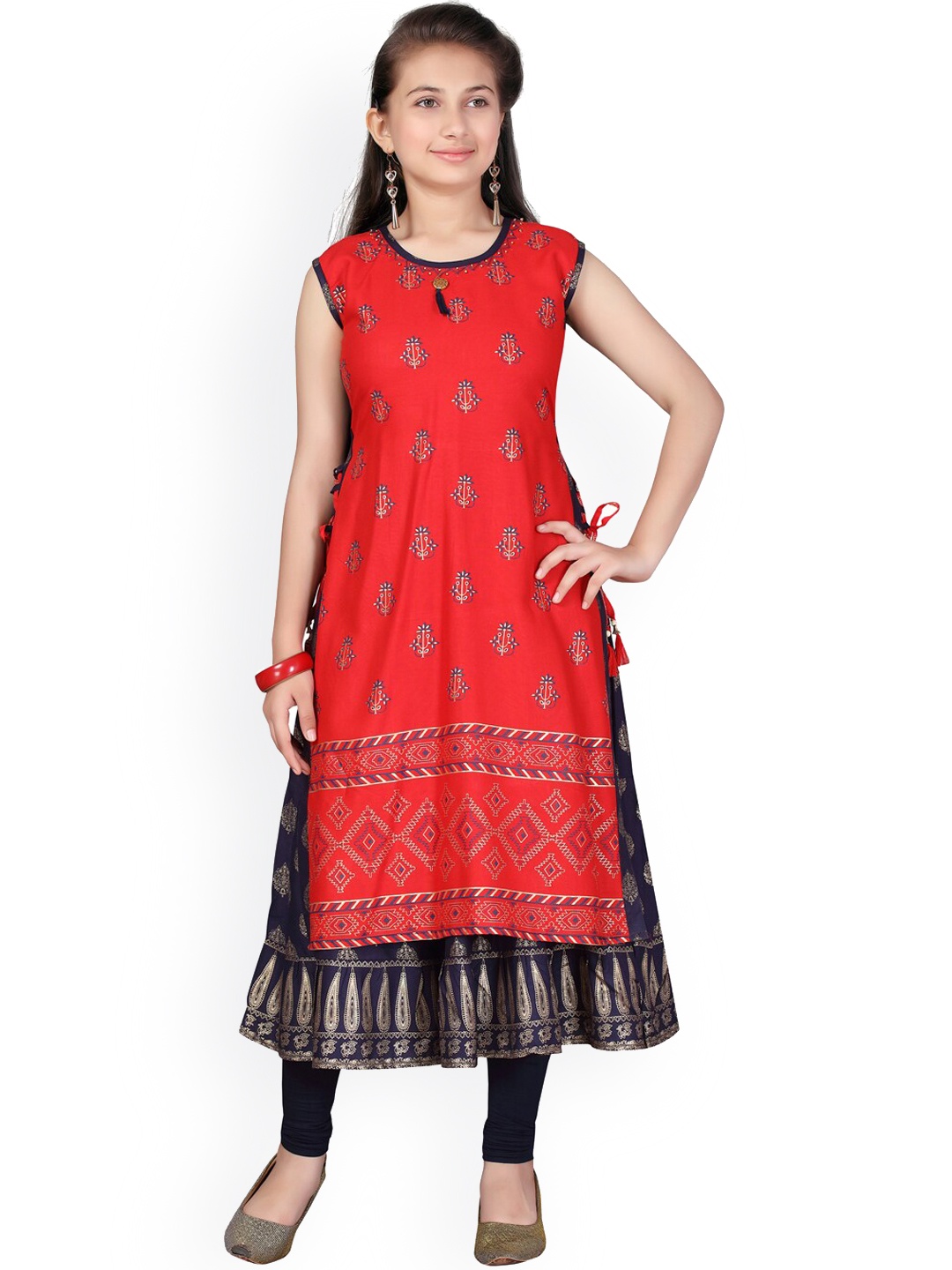 

Aarika Girls Red & Black Ethnic Motifs Printed Layered Pure Cotton Kurta With Churidar