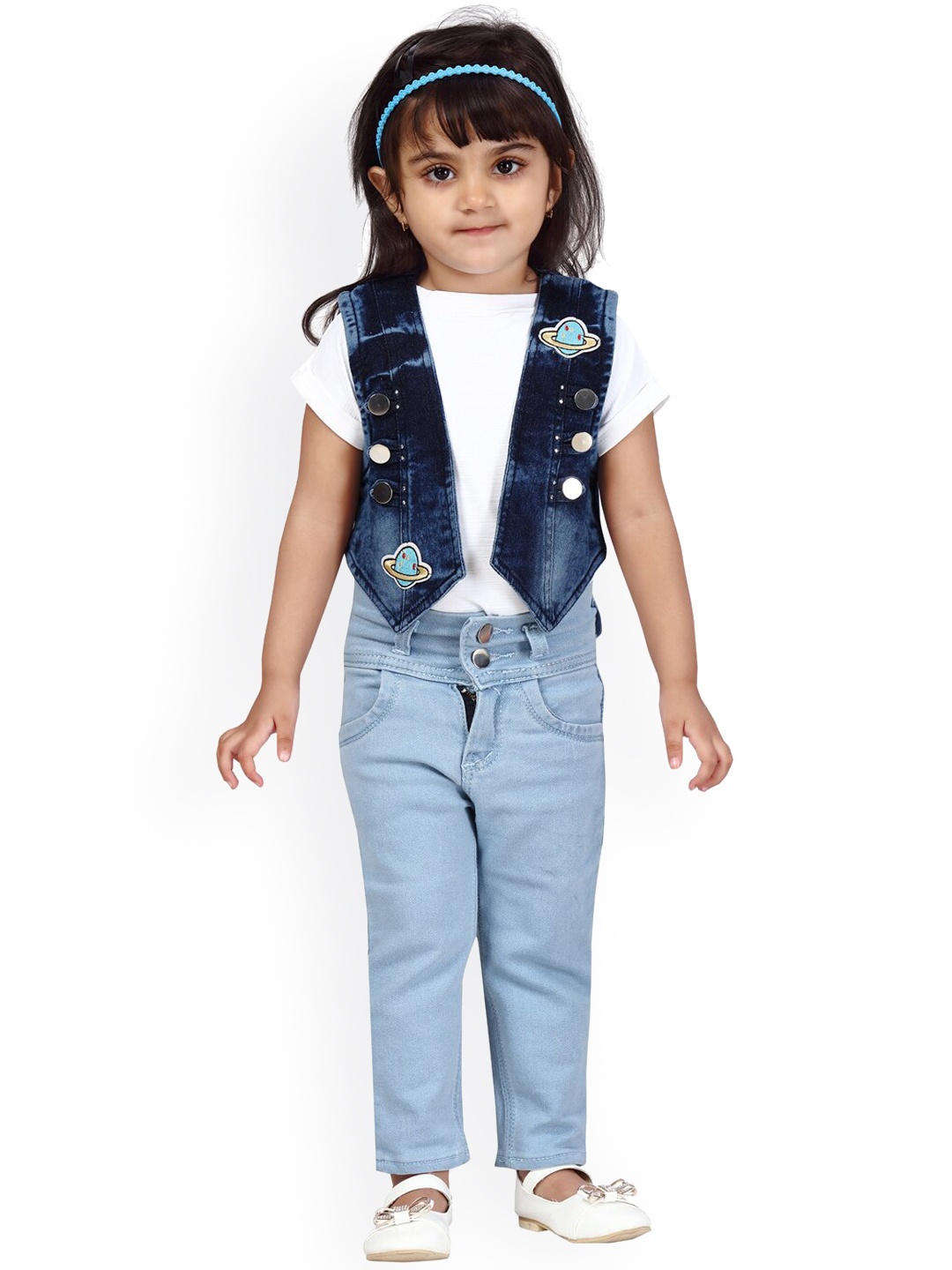 Aarika Girls Blue Floral Crop Tailored Jacket with Embroidered