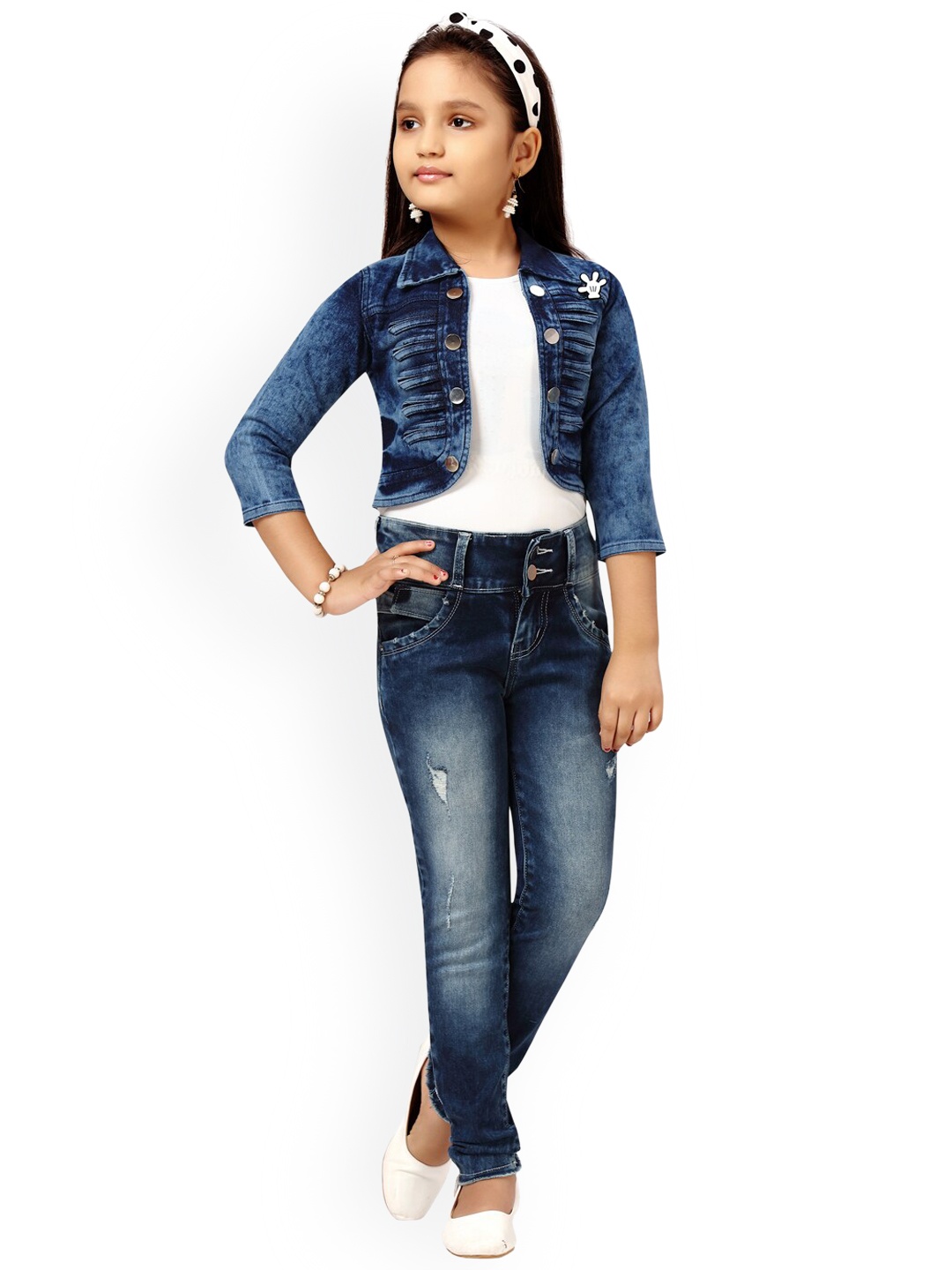 

Aarika Girls Blue Floral Crop Tailored Jacket with Patchwork