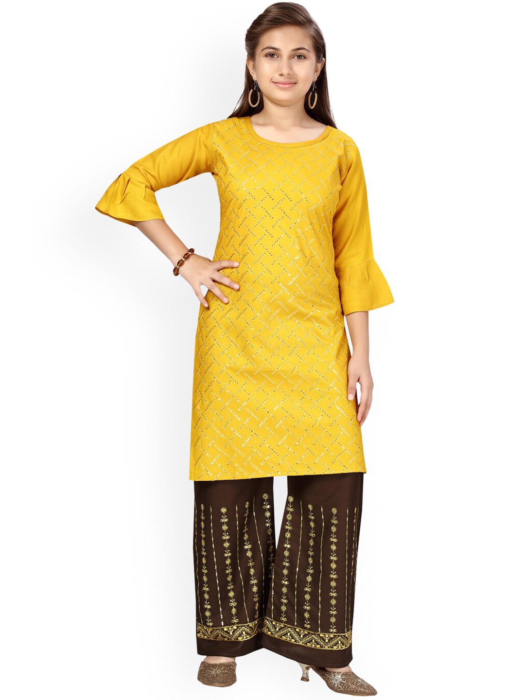

Aarika Girls Yellow Self Design Regular Pure Cotton Kurti with Palazzos