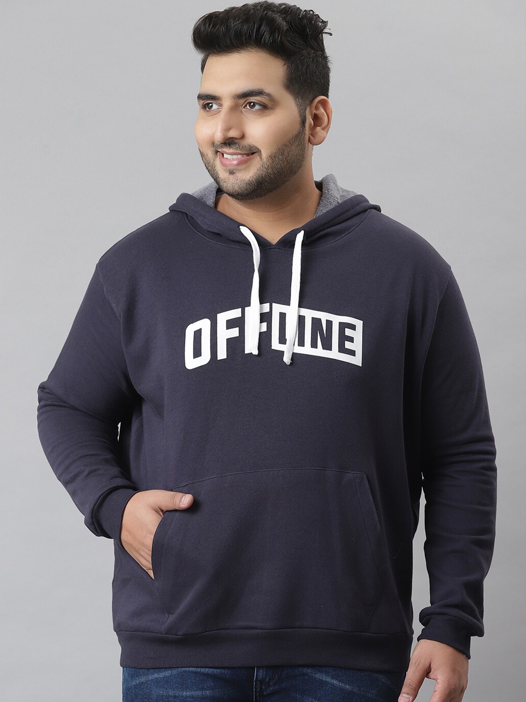 

Instafab Plus Men Navy Blue Printed Hooded Sweatshirt
