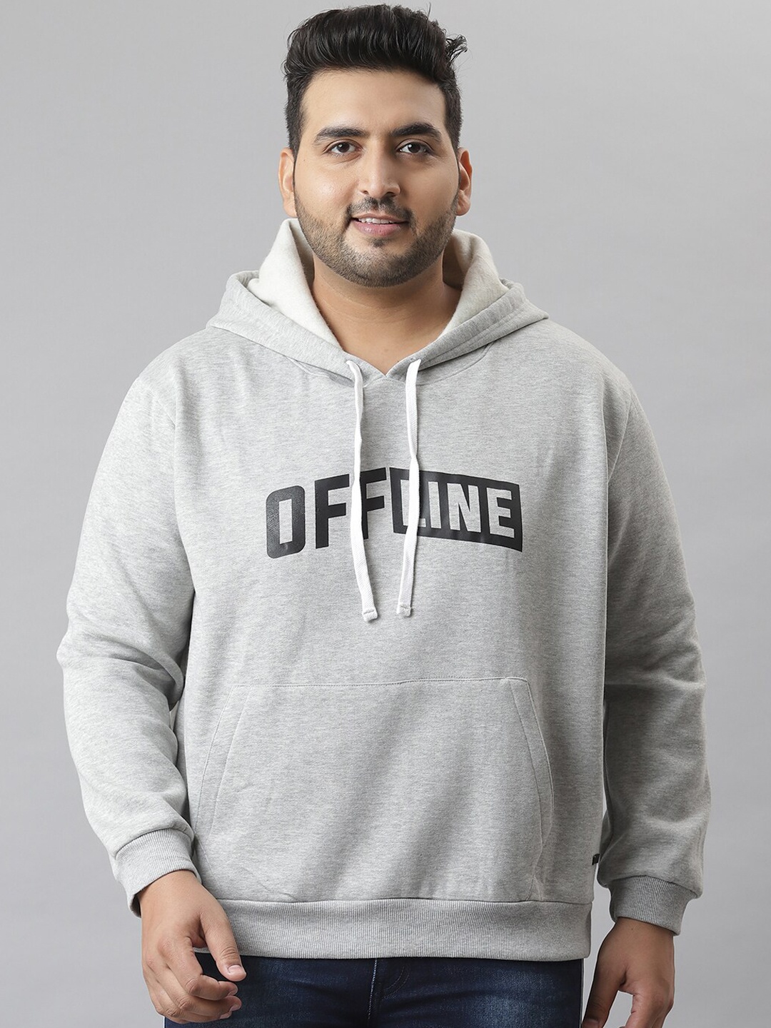 

Instafab Plus Men Grey Printed Hooded Sweatshirt