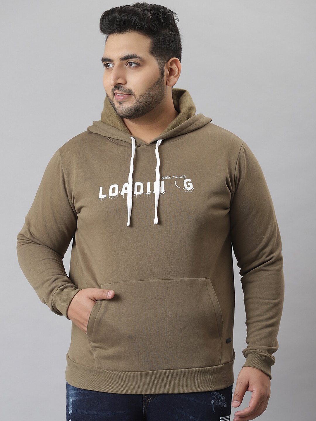 

Instafab Plus Men Olive Brown Printed Hooded Sweatshirt