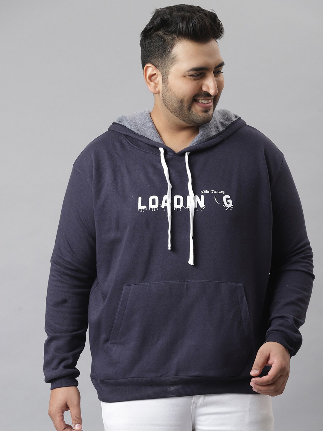 

Instafab Plus Men Navy Blue Printed Hooded Cotton Sweatshirt