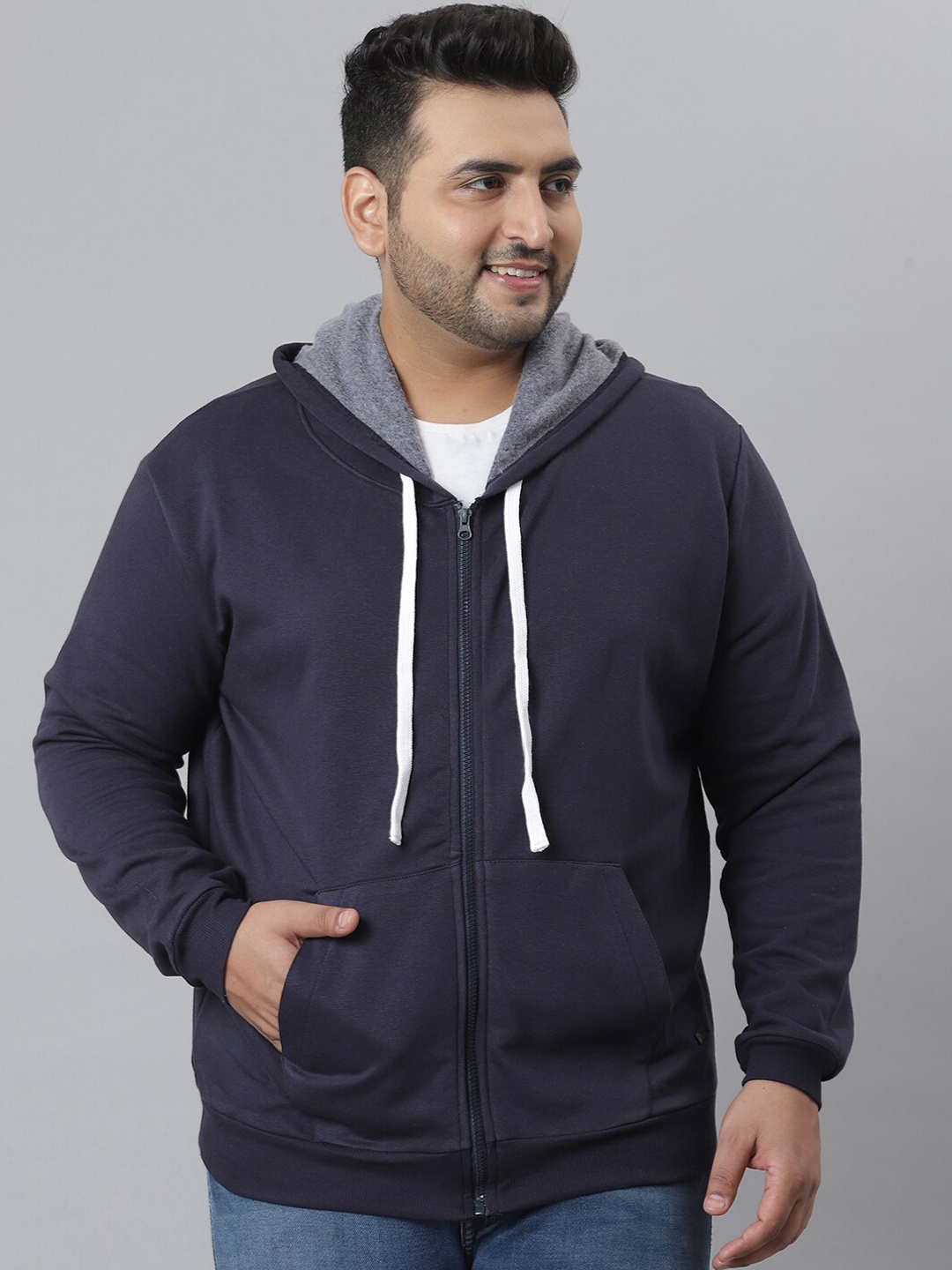 

Instafab Plus Men Navy Blue Hooded Front-Open Sweatshirt