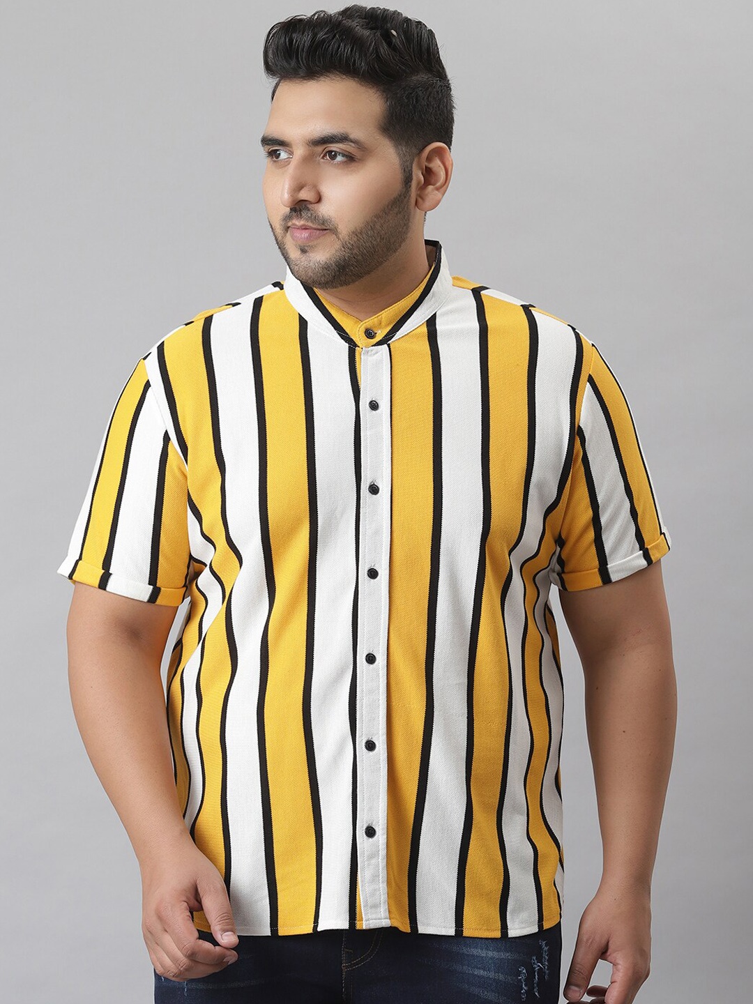 

Instafab Plus Men Mustard Classic Striped Casual Shirt