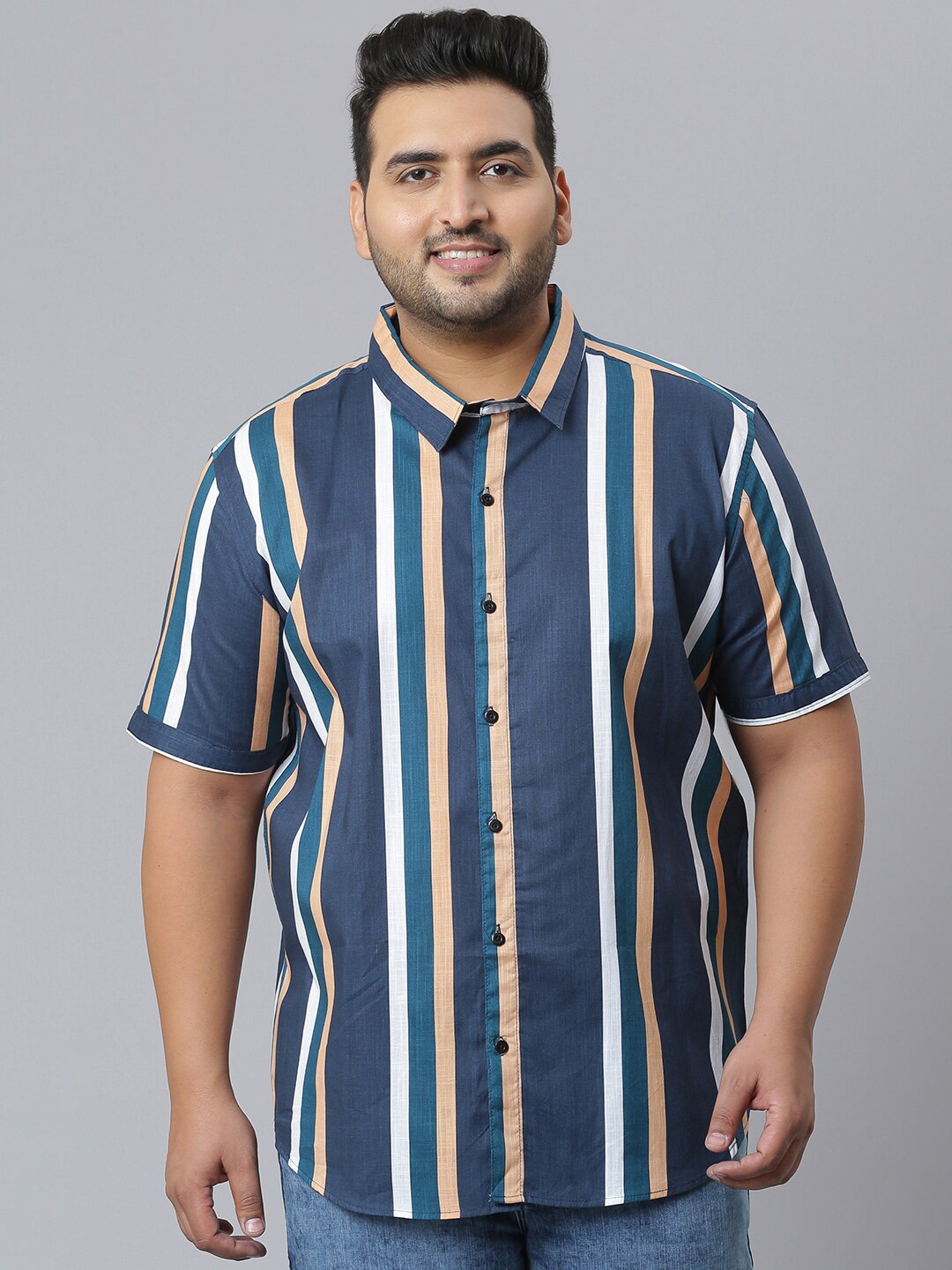 

Instafab Plus Men Blue Classic Opaque Striped Cotton Casual Shirt