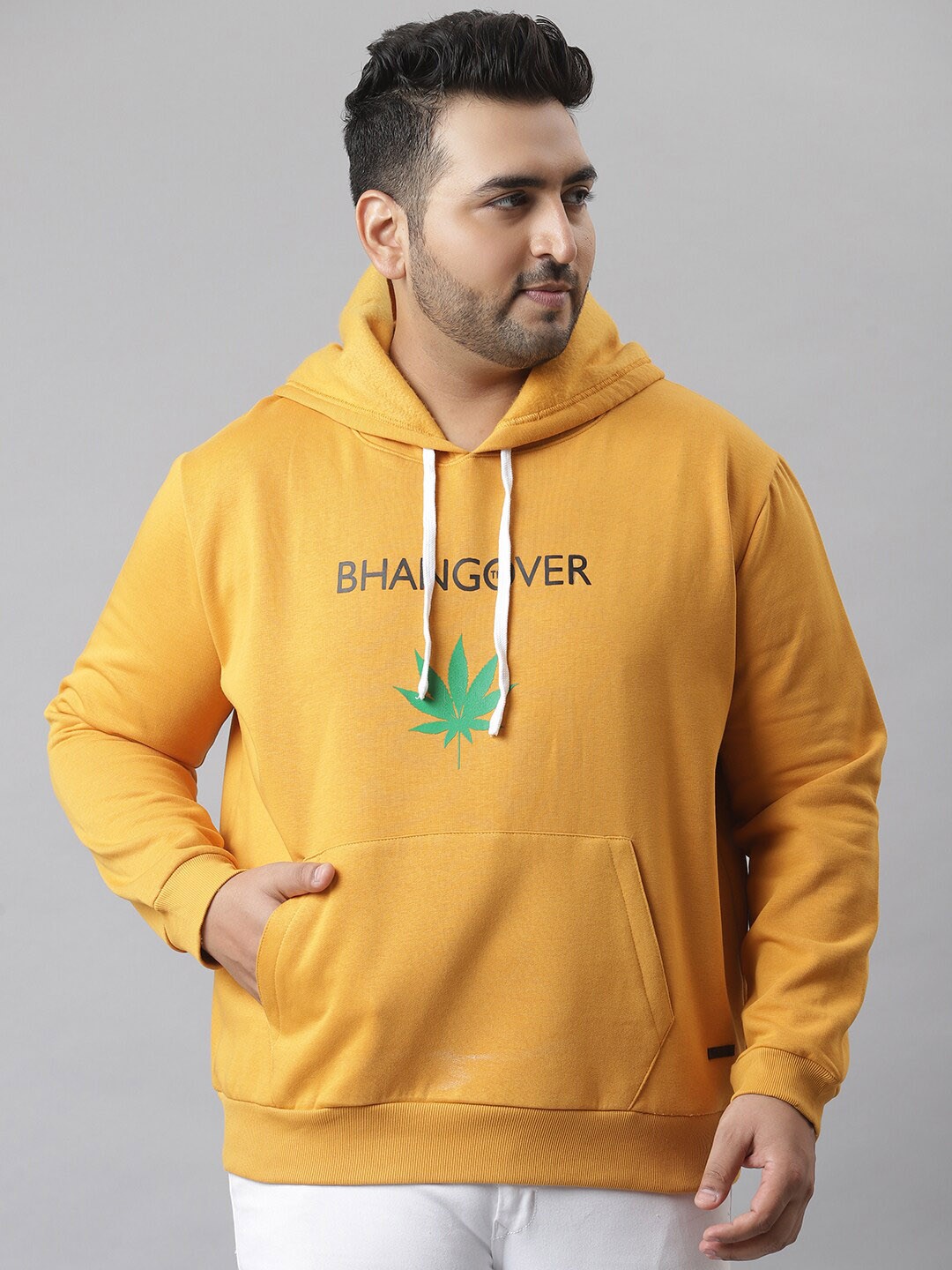 

Instafab Plus Men Mustard Printed Hooded Sweatshirt