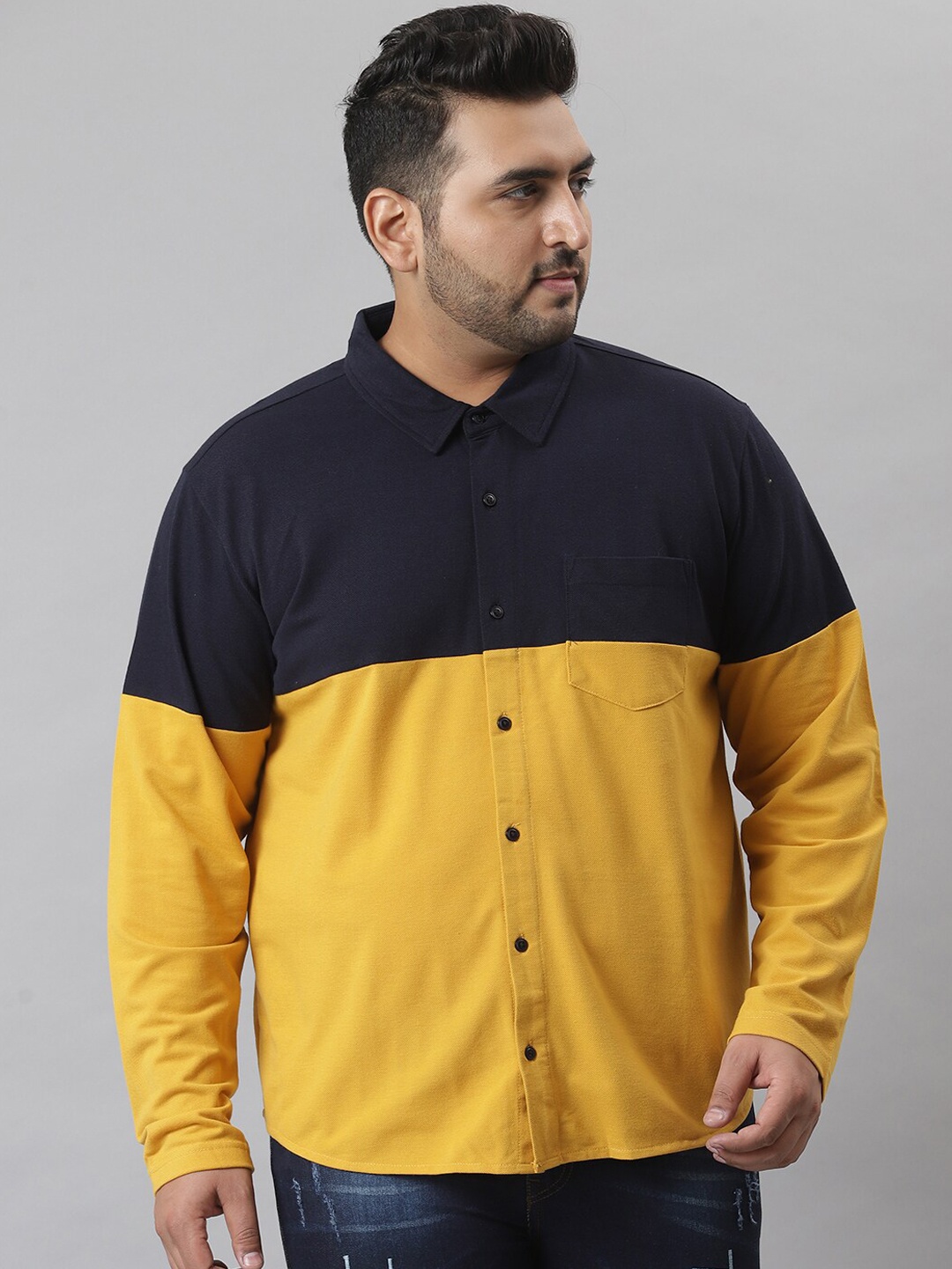 

Instafab Plus Men Navy Blue & Yellow Classic Opaque Colourblocked Casual Shirt